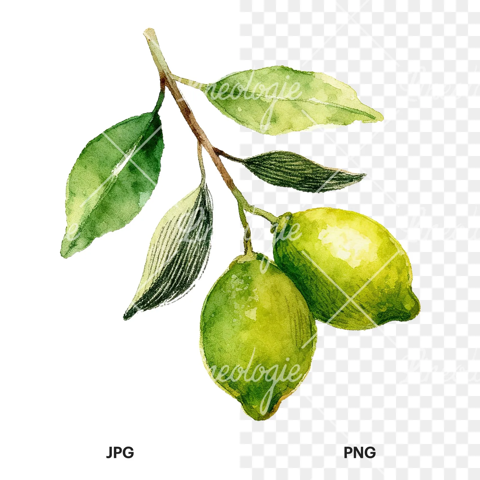 Watercolor lime and leaf clipart 1 of 9, as a JPG on white and a transparent PNG