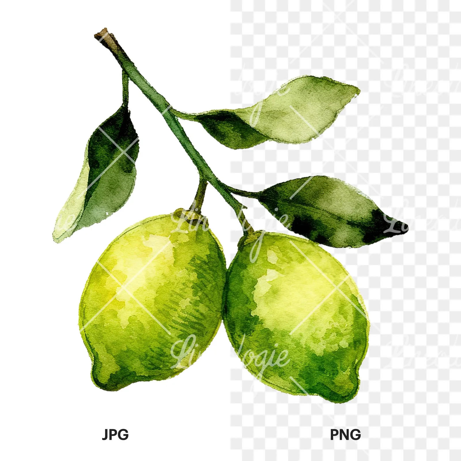 Watercolor lime and leaf clipart 2 of 9, as a JPG on white and a transparent PNG