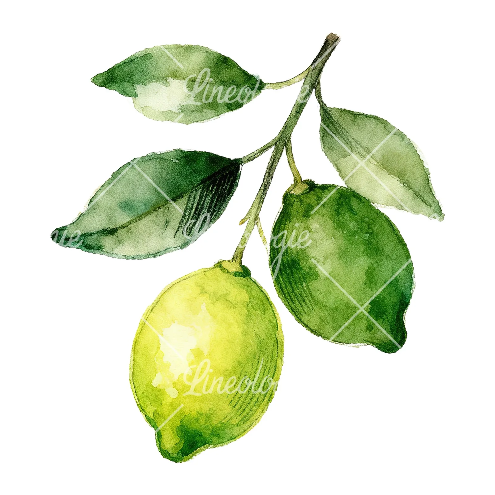 Watercolor lime and leaf clipart 4 of 9 on a white background (JPG)