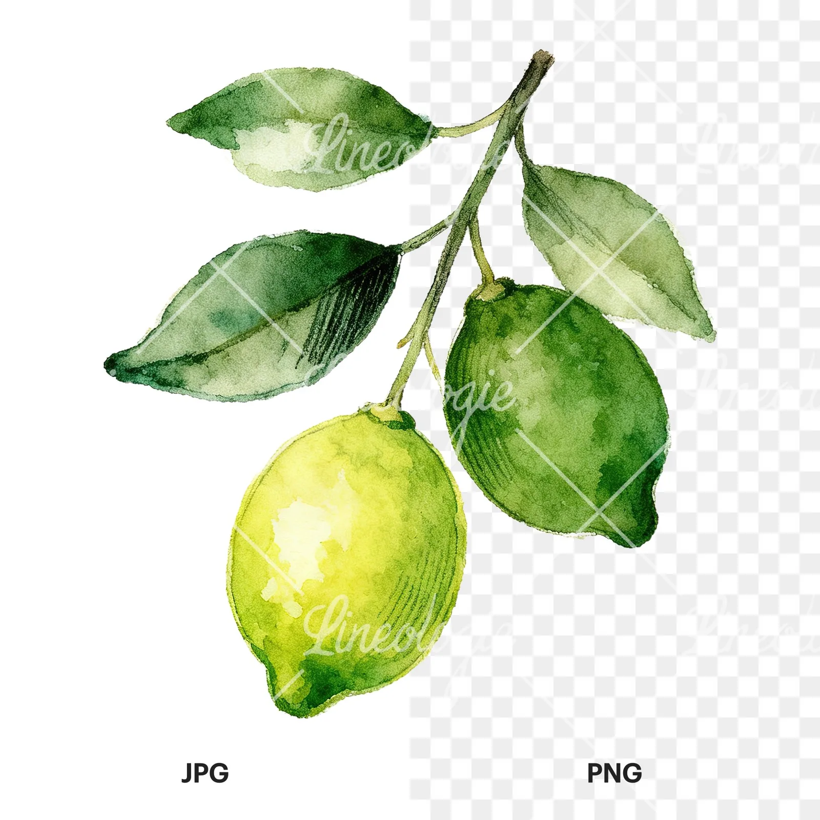 Watercolor lime and leaf clipart 4 of 9, as a JPG on white and a transparent PNG