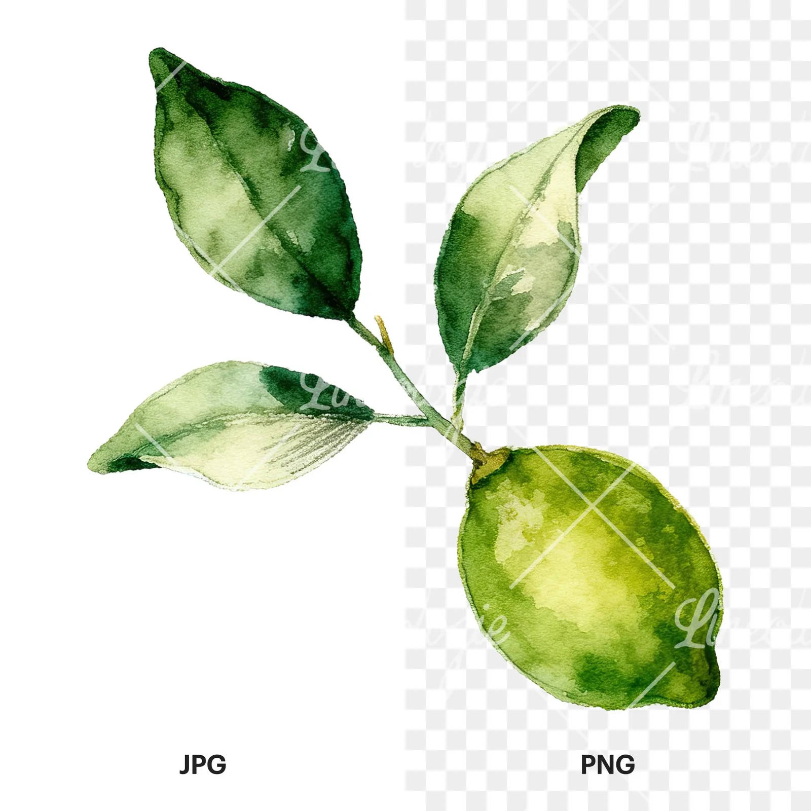 Watercolor lime and leaf clipart 5 of 9, as a JPG on white and a transparent PNG