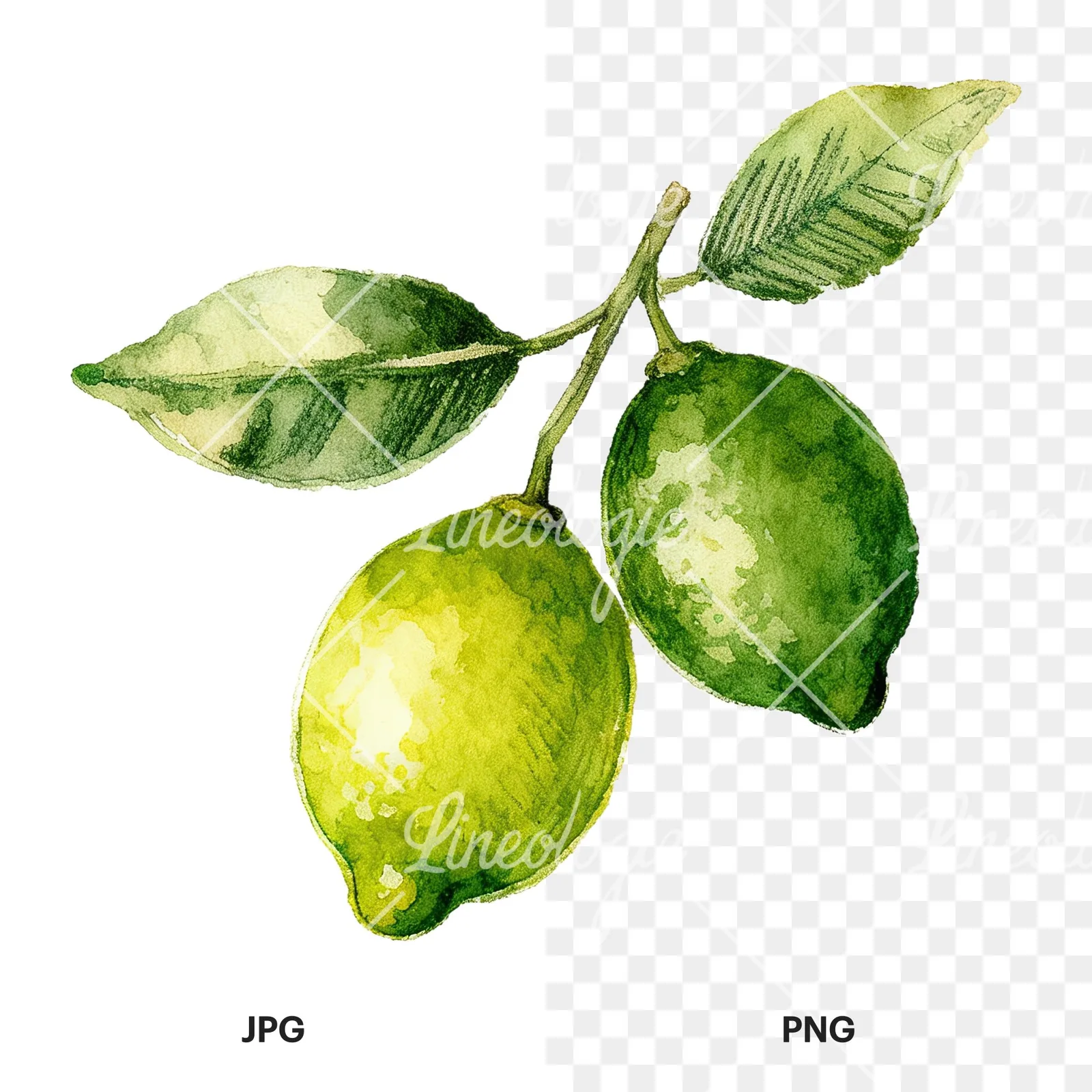 Watercolor lime and leaf clipart 7 of 9, as a JPG on white and a transparent PNG