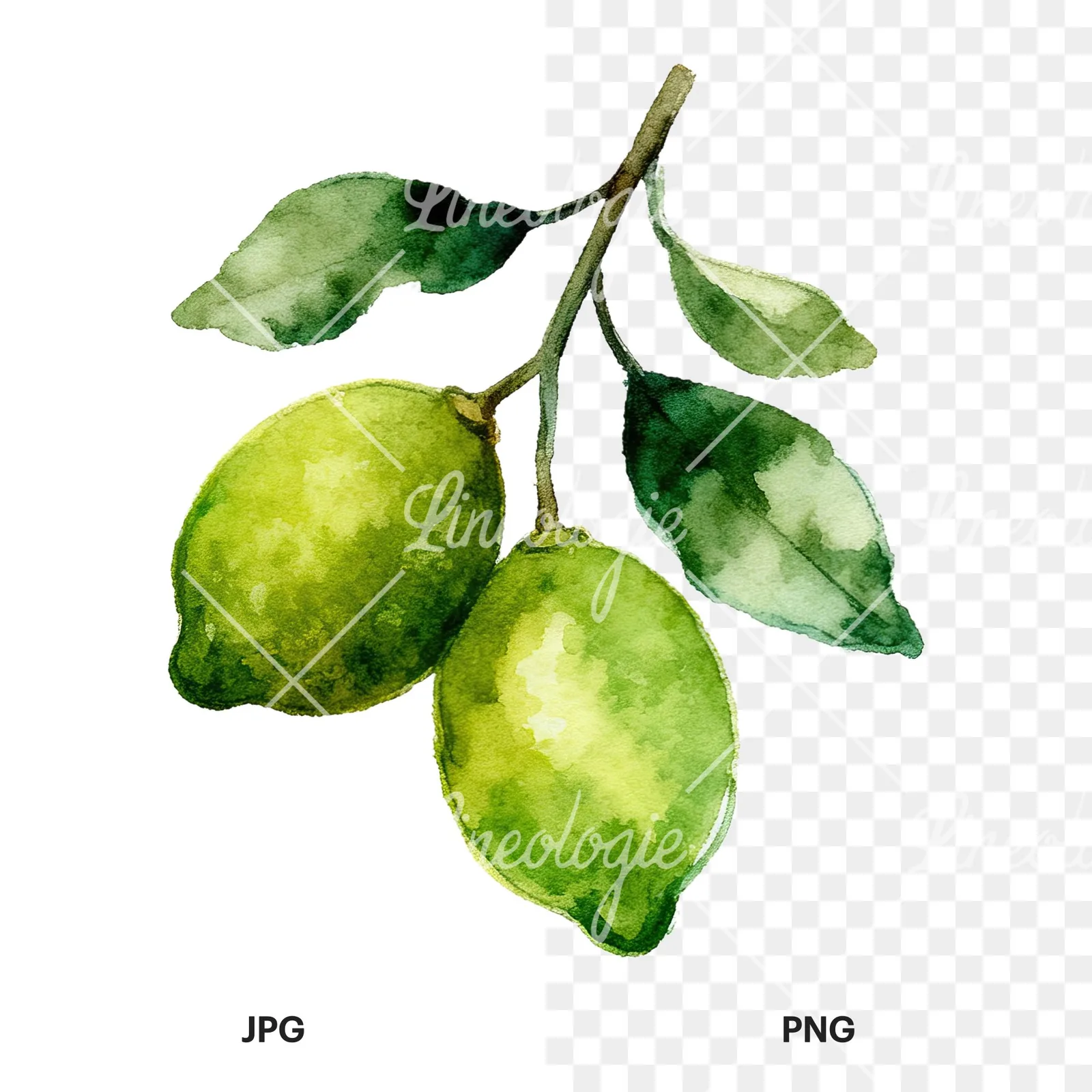 Watercolor lime and leaf clipart 8 of 9, as a JPG on white and a transparent PNG