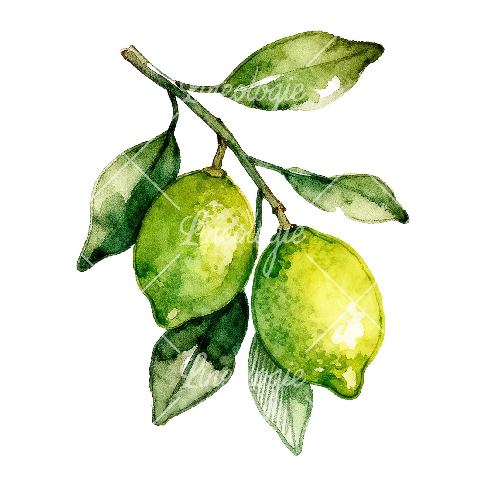 Watercolor lime branch with foliage clipart 2 of 9 on a white background (JPG)