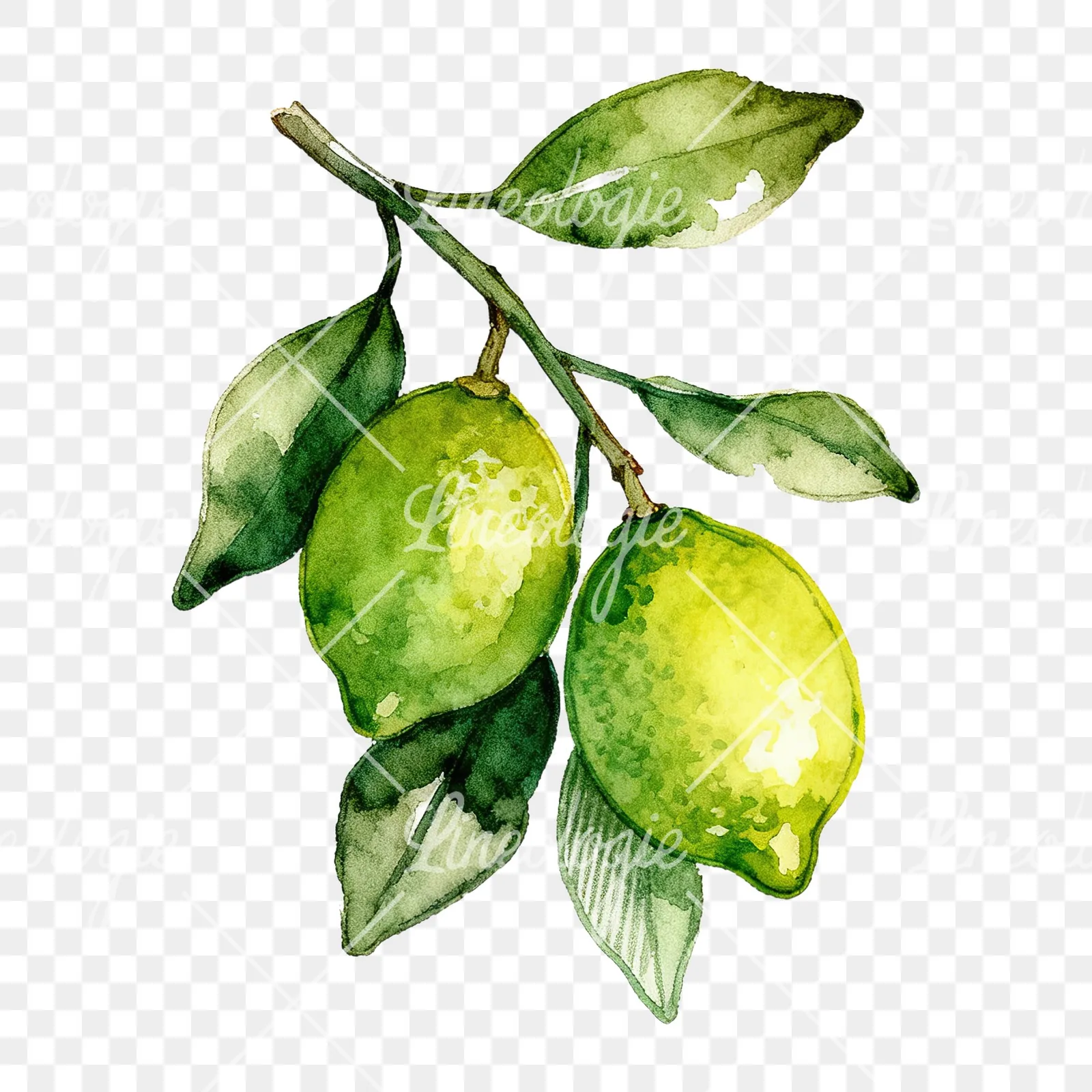 Watercolor lime branch with foliage clipart 2 of 9 on a transparent background (PNG)