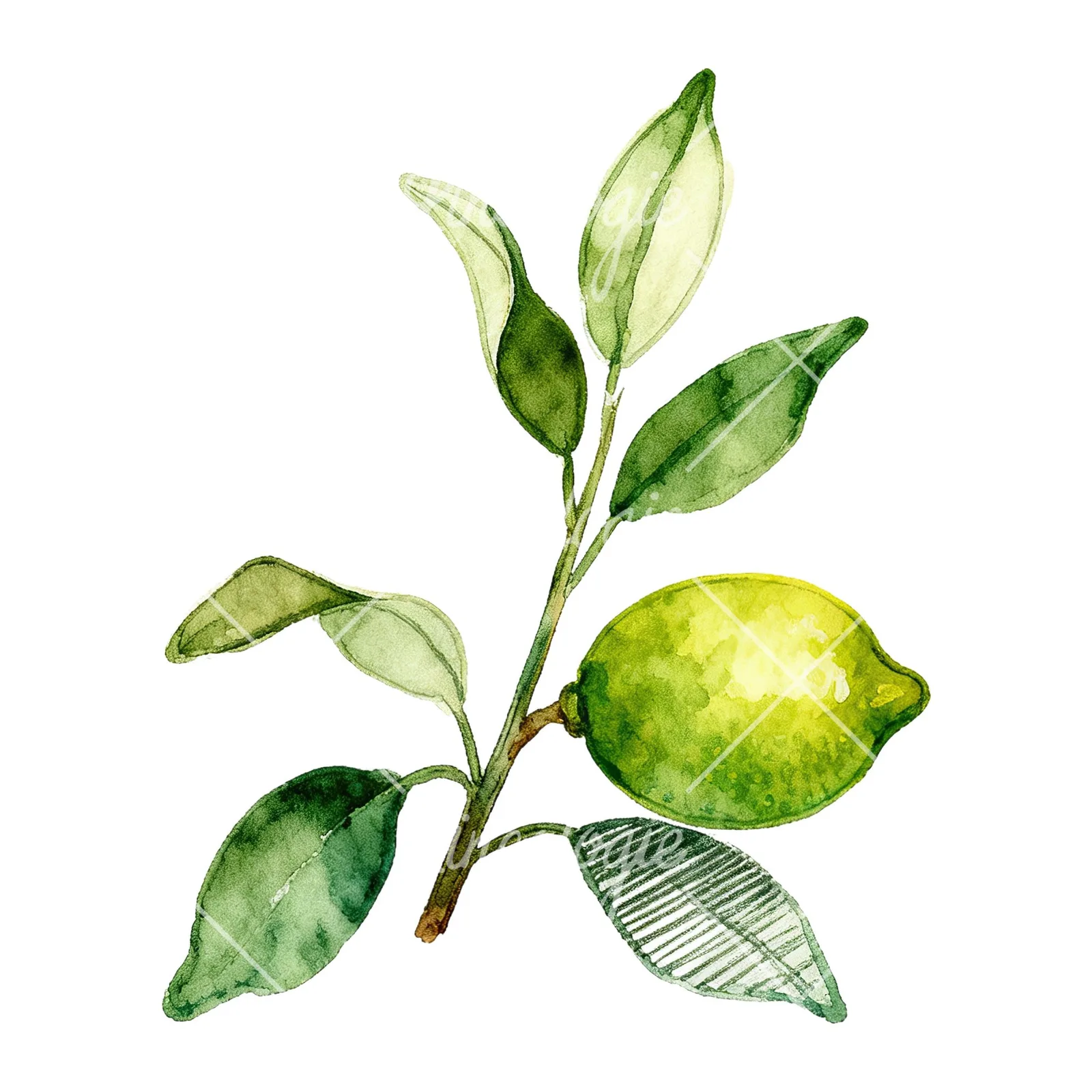 Watercolor lime branch with foliage clipart 5 of 9 on a white background (JPG)