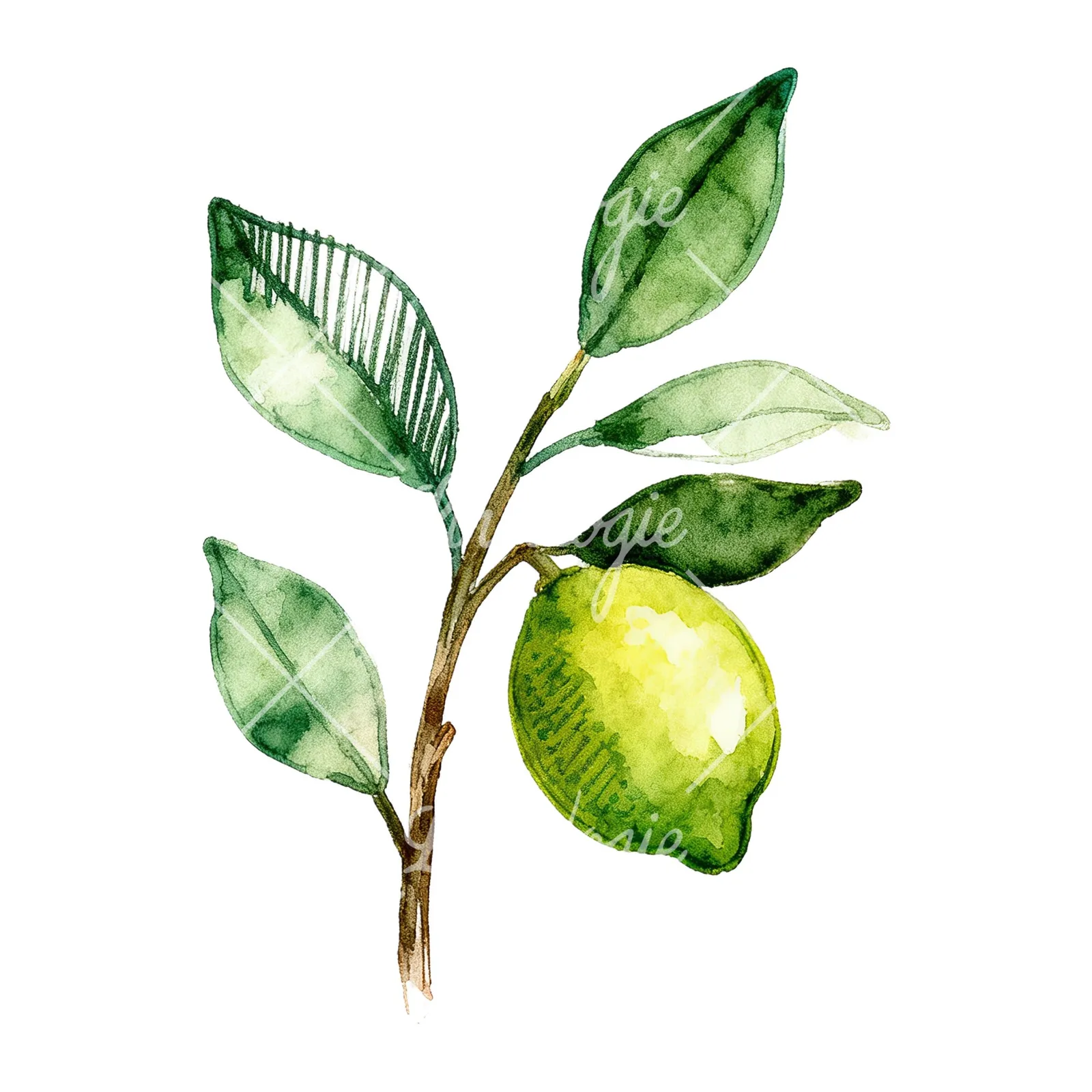 Watercolor lime branch with foliage clipart 6 of 9 on a white background (JPG)