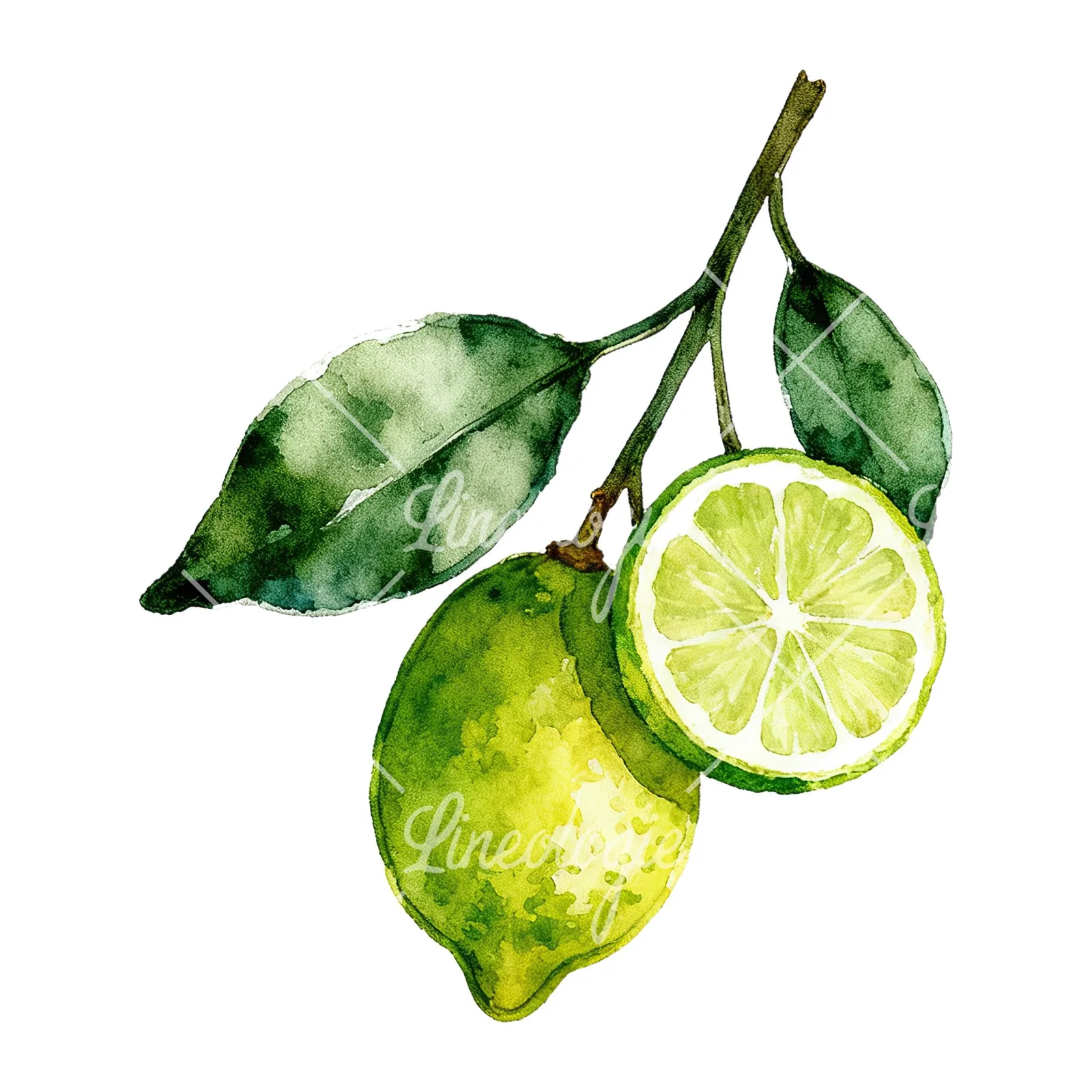 Watercolor lime branch with foliage clipart 7 of 9 on a white background (JPG)