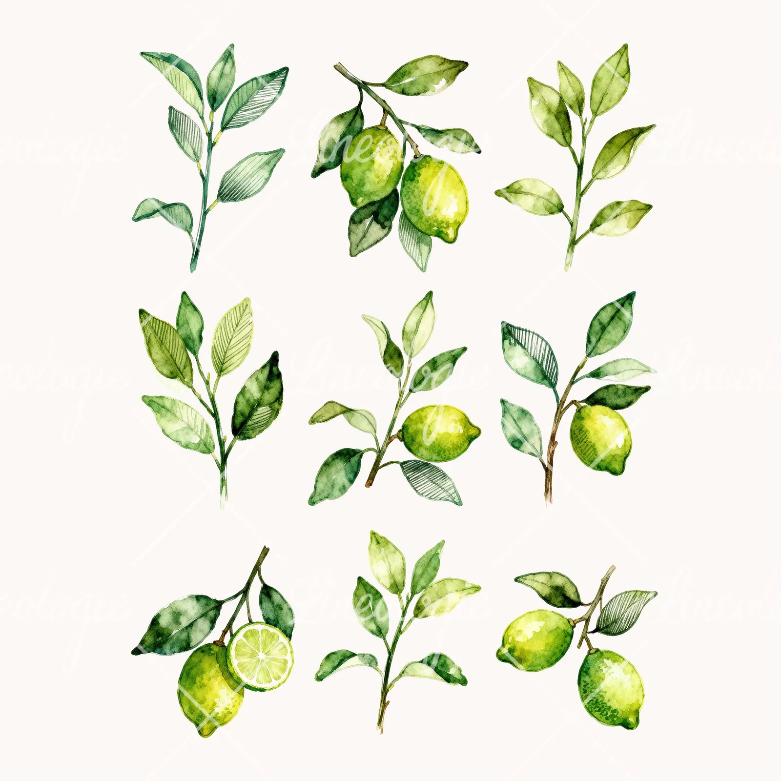 Watercolor Lime Branch with Foliage Clipart, all 9 illustrations in the pack
