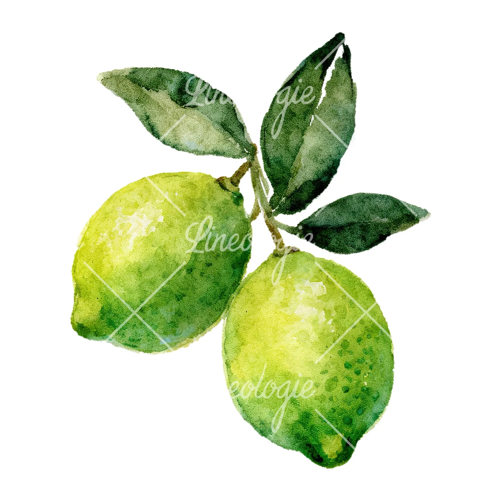 Watercolor lime branch with clusters clipart 1 of 9 on a white background (JPG)