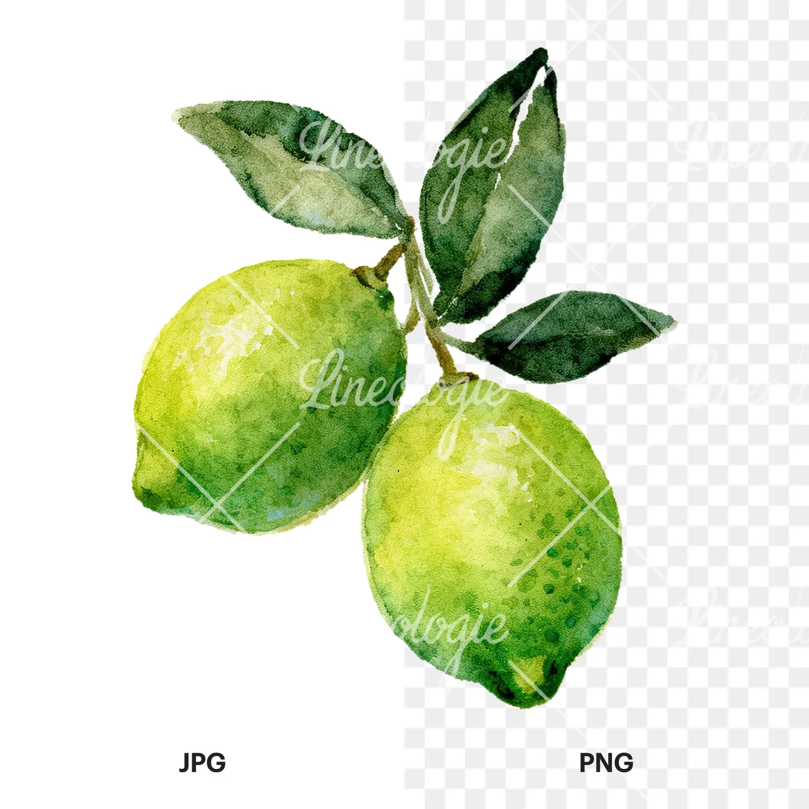 Watercolor lime branch with clusters clipart 1 of 9, as a JPG on white and a transparent PNG