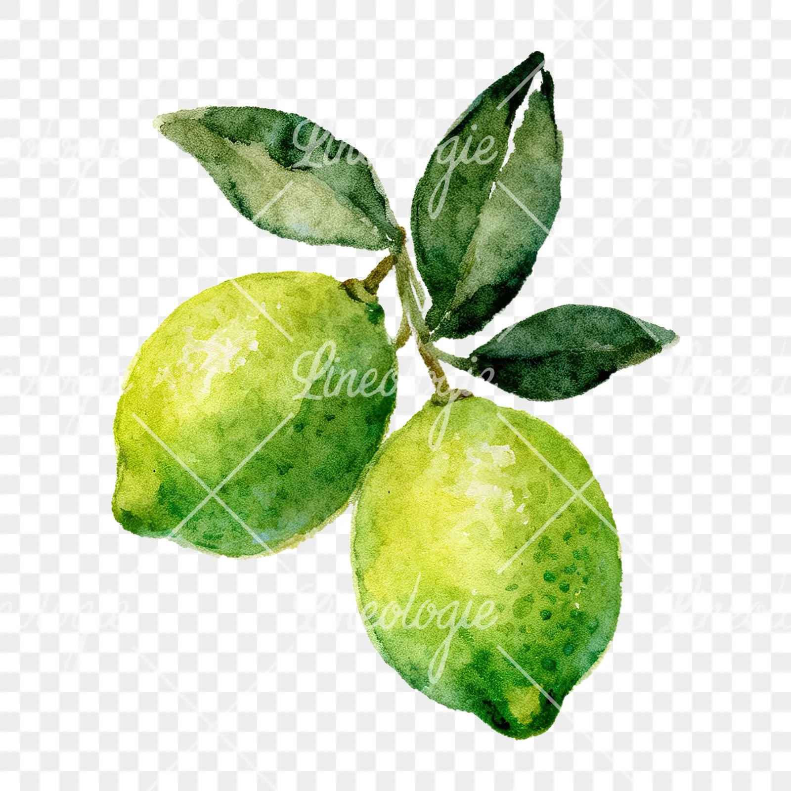 Watercolor lime branch with clusters clipart 1 of 9 on a transparent background (PNG)