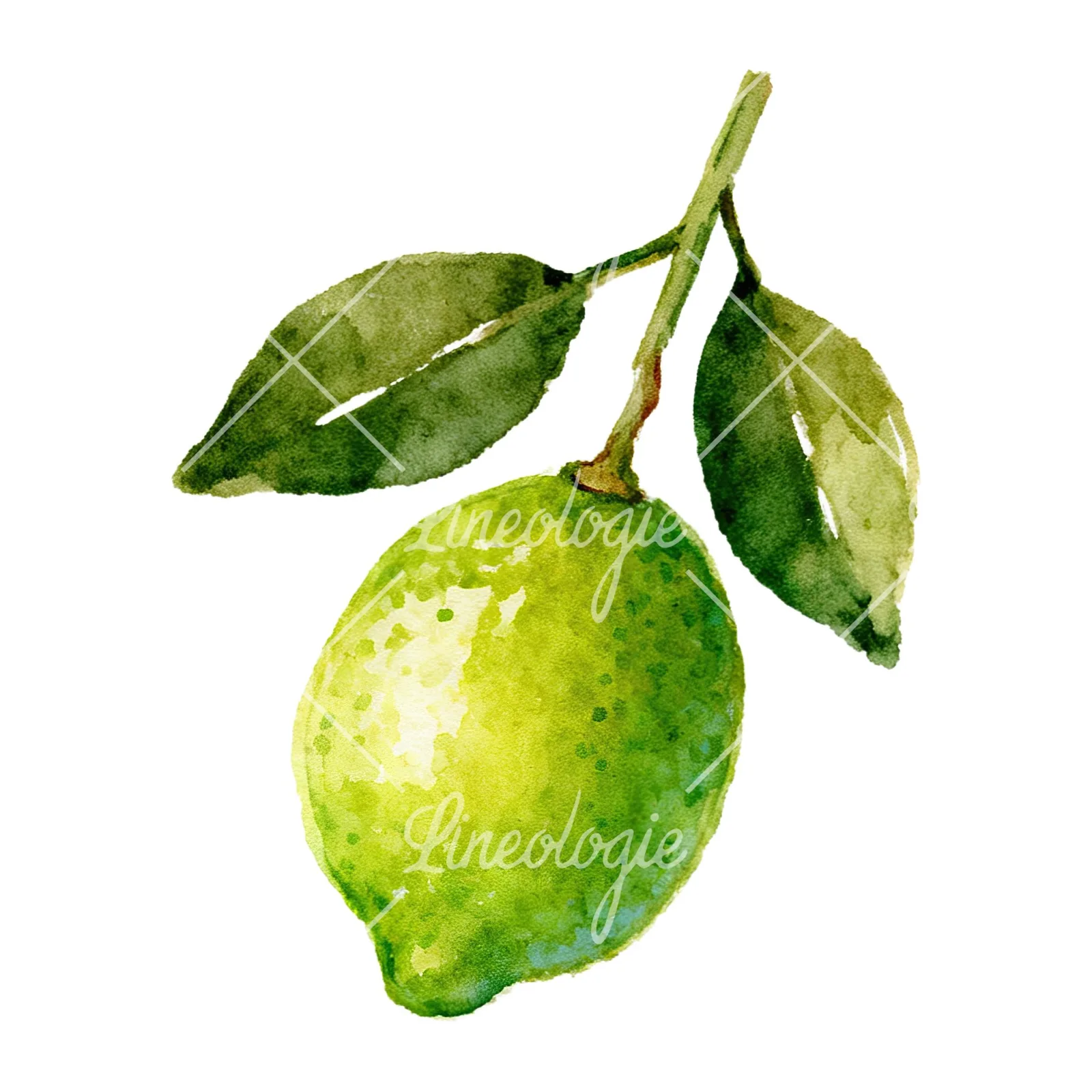 Watercolor lime branch with clusters clipart 2 of 9 on a white background (JPG)