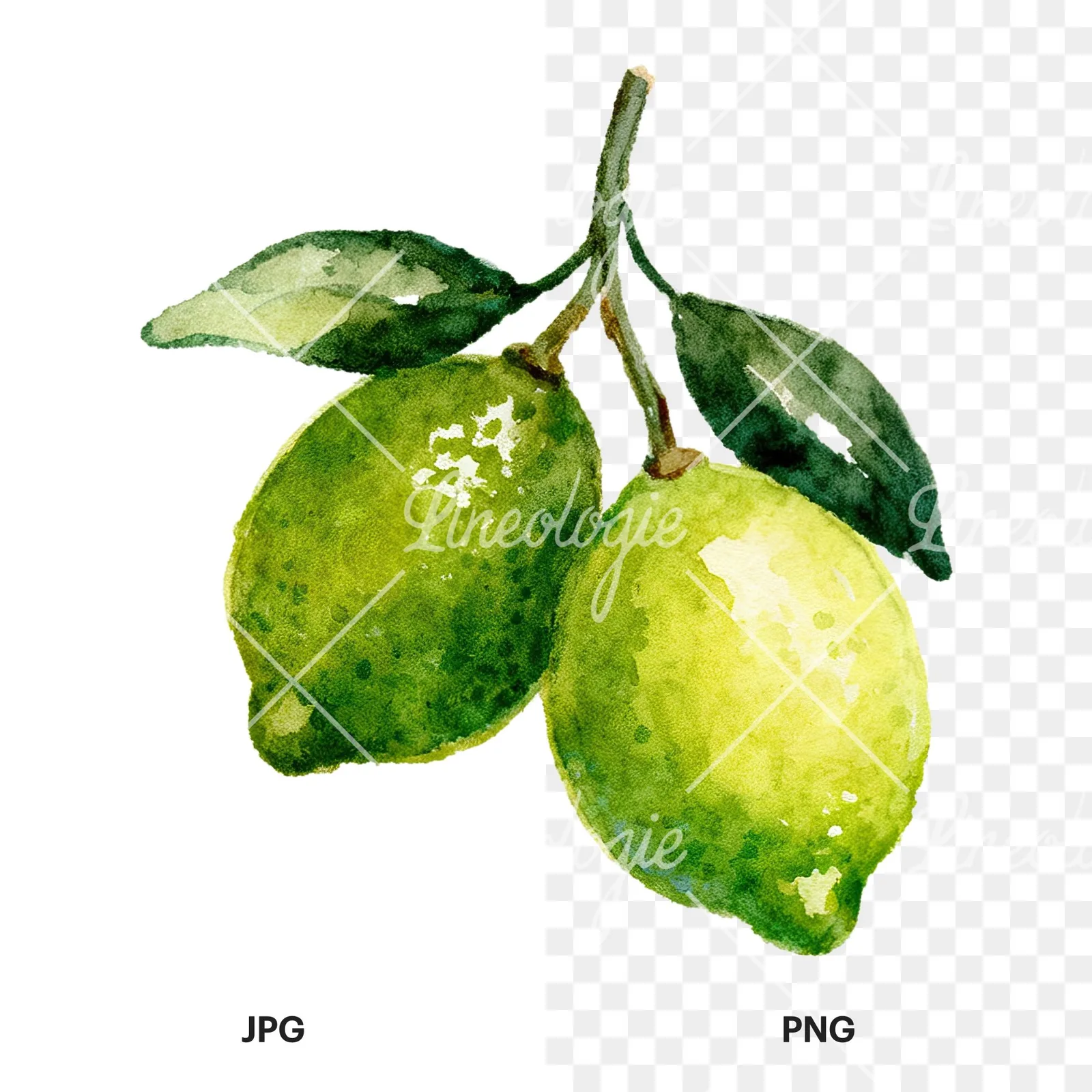 Watercolor lime branch with clusters clipart 4 of 9, as a JPG on white and a transparent PNG