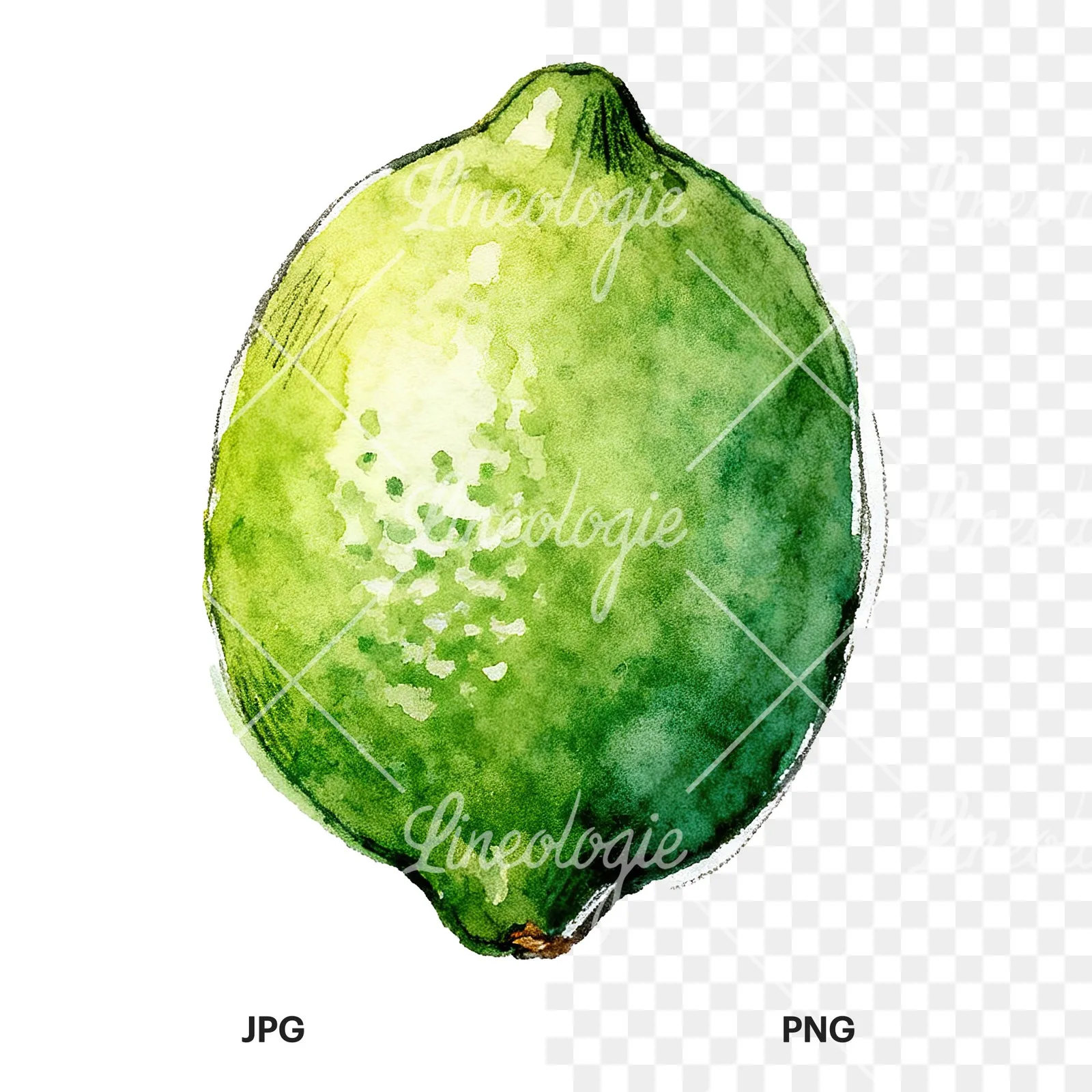 Watercolor lime with top-down slices clipart 1 of 9, as a JPG on white and a transparent PNG
