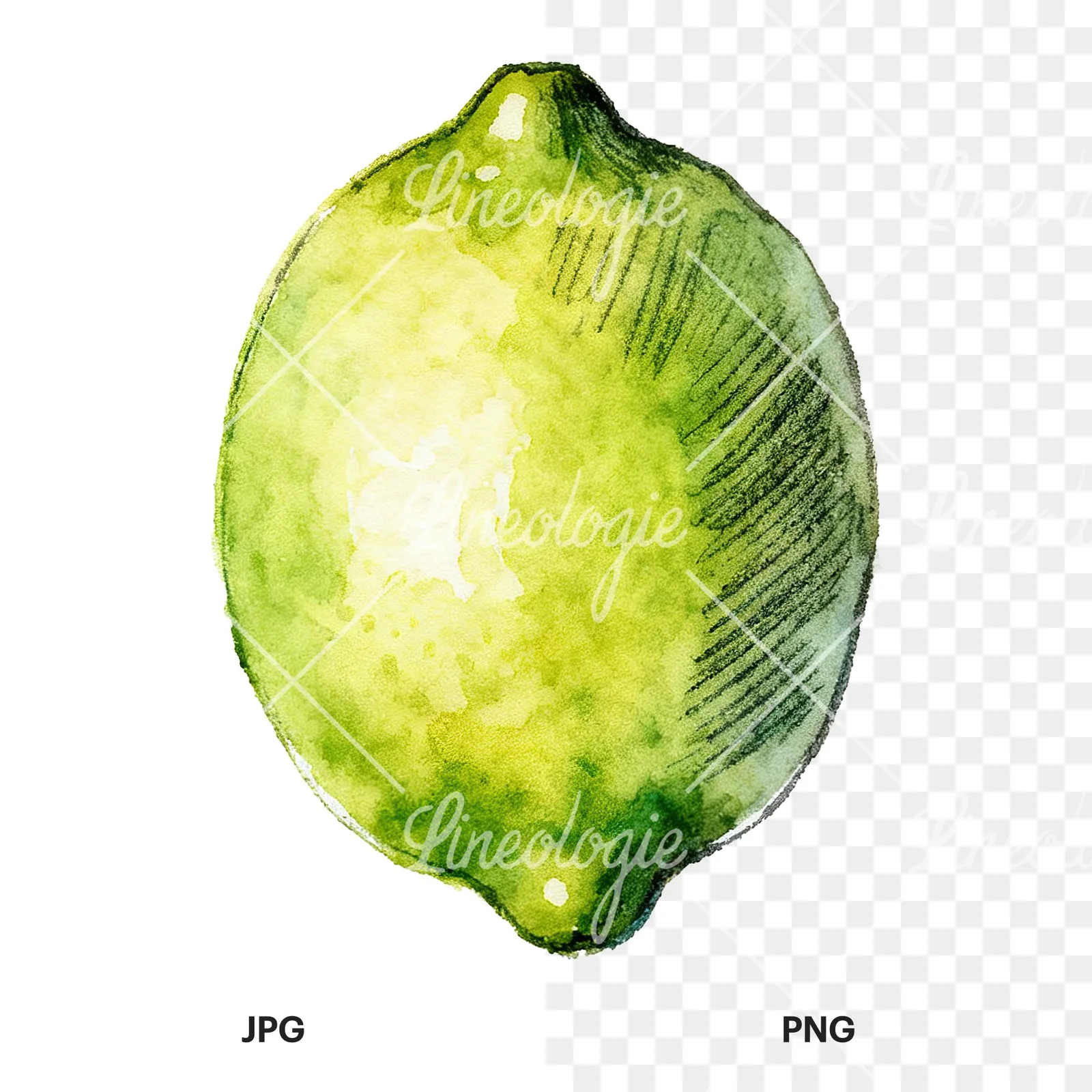 Watercolor lime with top-down slices clipart 3 of 9, as a JPG on white and a transparent PNG