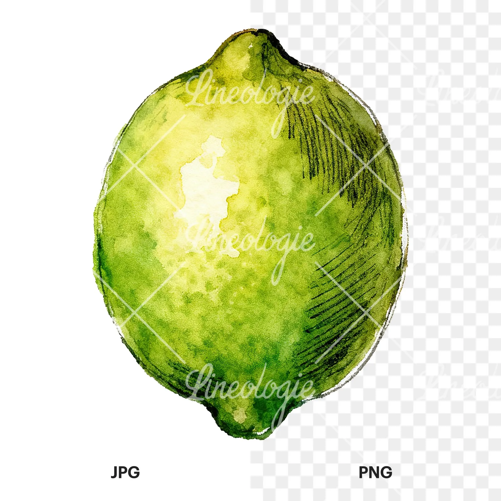 Watercolor lime with top-down slices clipart 4 of 9, as a JPG on white and a transparent PNG