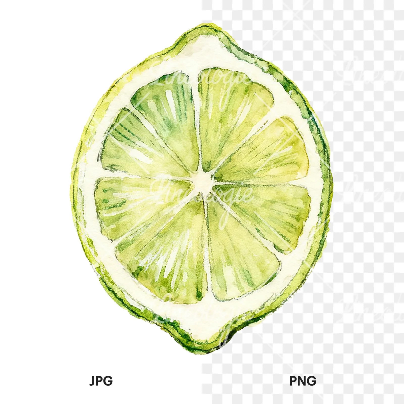 Watercolor lime with top-down slices clipart 5 of 9, as a JPG on white and a transparent PNG
