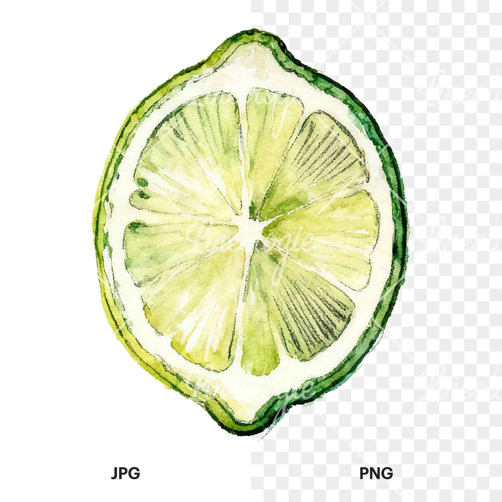 Watercolor lime with top-down slices clipart 7 of 9, as a JPG on white and a transparent PNG