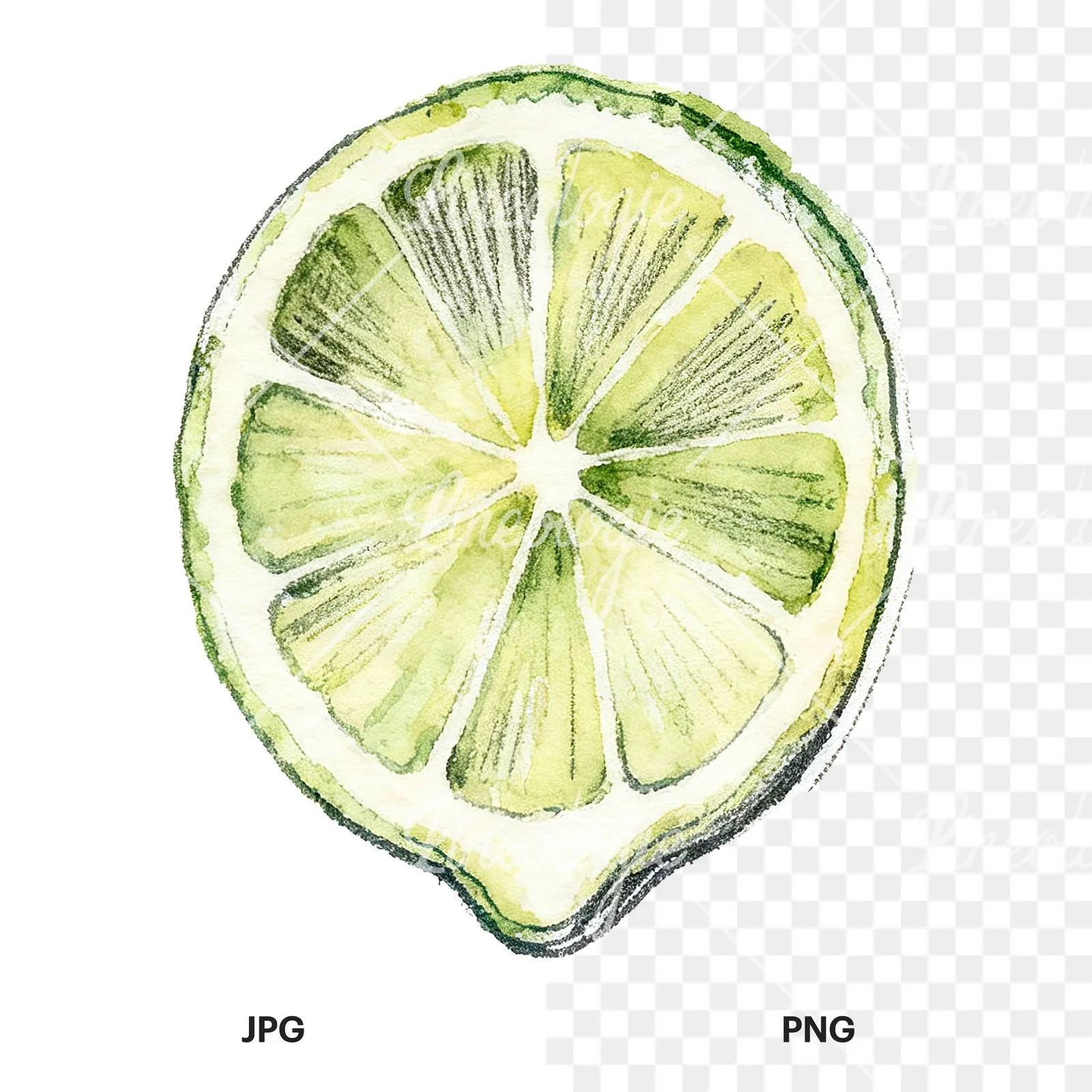 Watercolor lime with top-down slices clipart 9 of 9, as a JPG on white and a transparent PNG