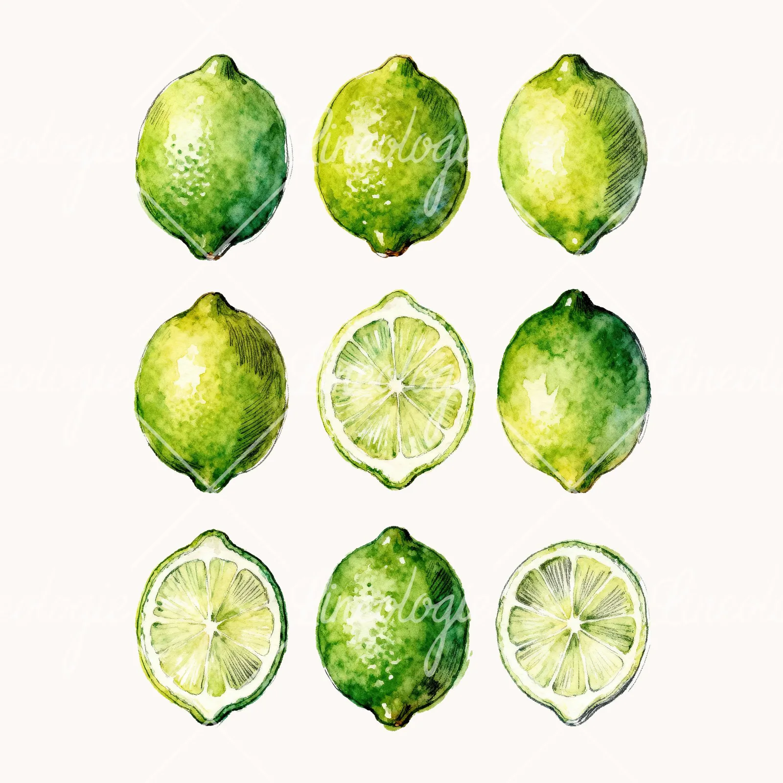 Watercolor Lime with Top-down Slices Clipart, all 9 illustrations in the pack