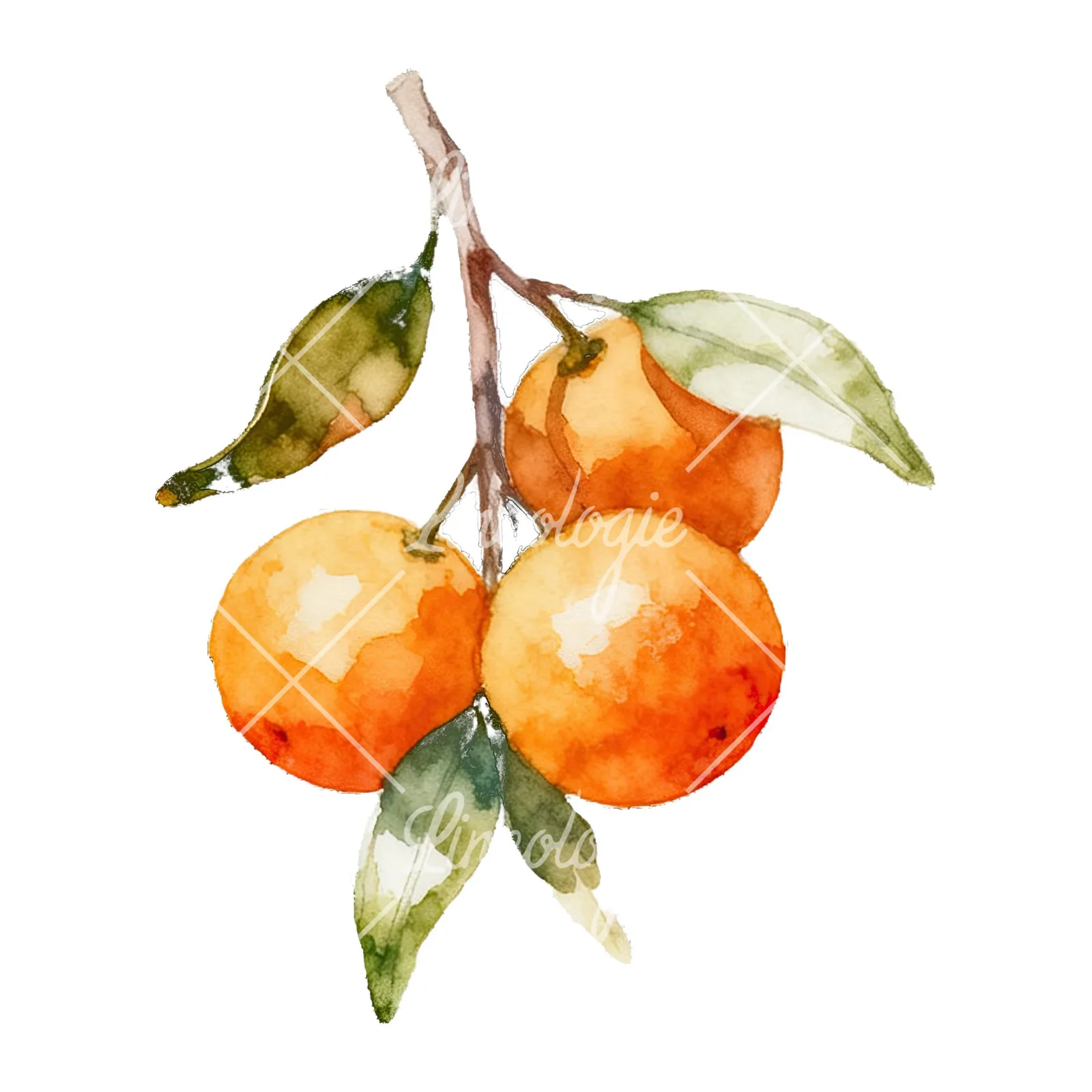 Watercolor orange branch with warm tones clipart 4 of 9 on a white background (JPG)
