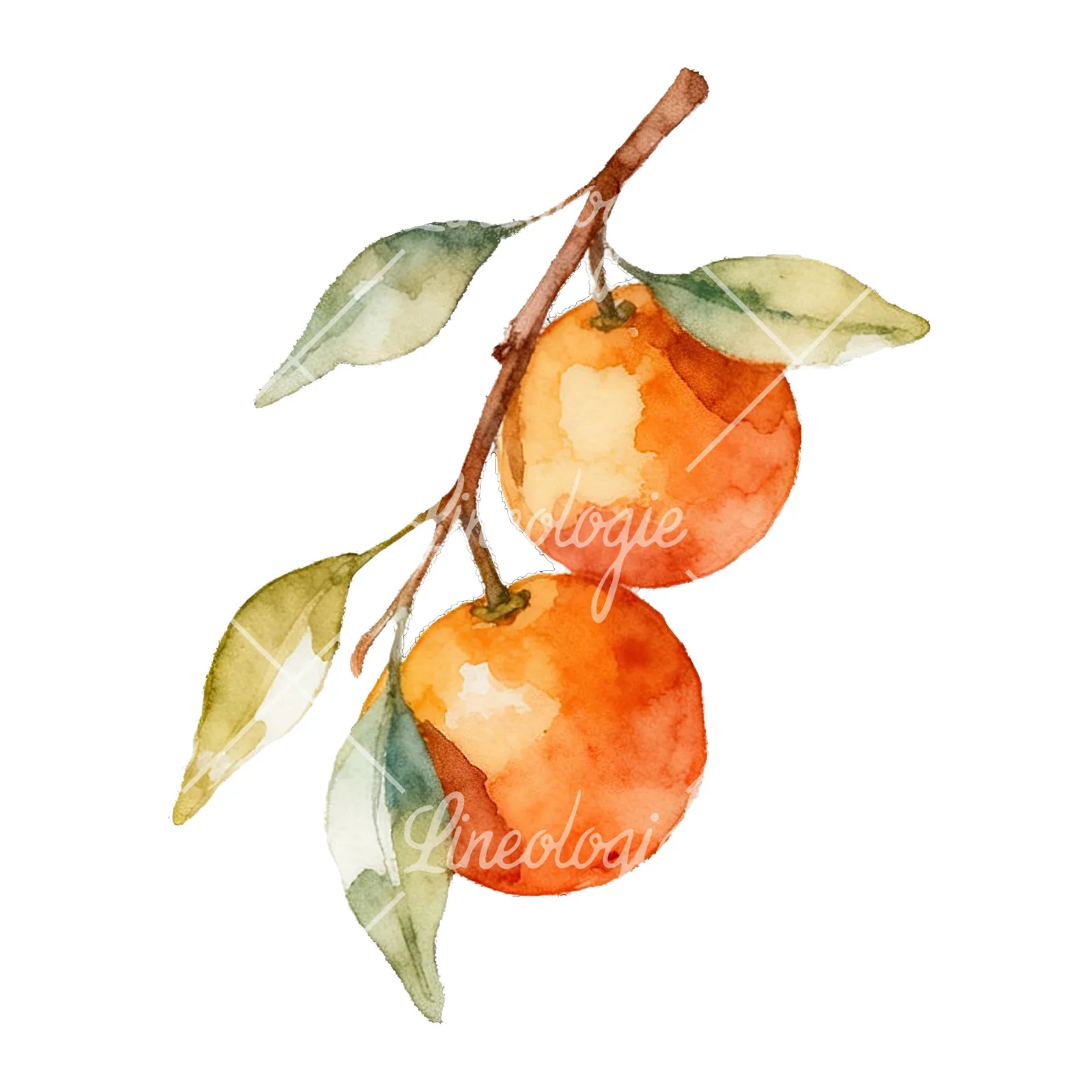 Watercolor orange branch with warm tones clipart 6 of 9 on a white background (JPG)