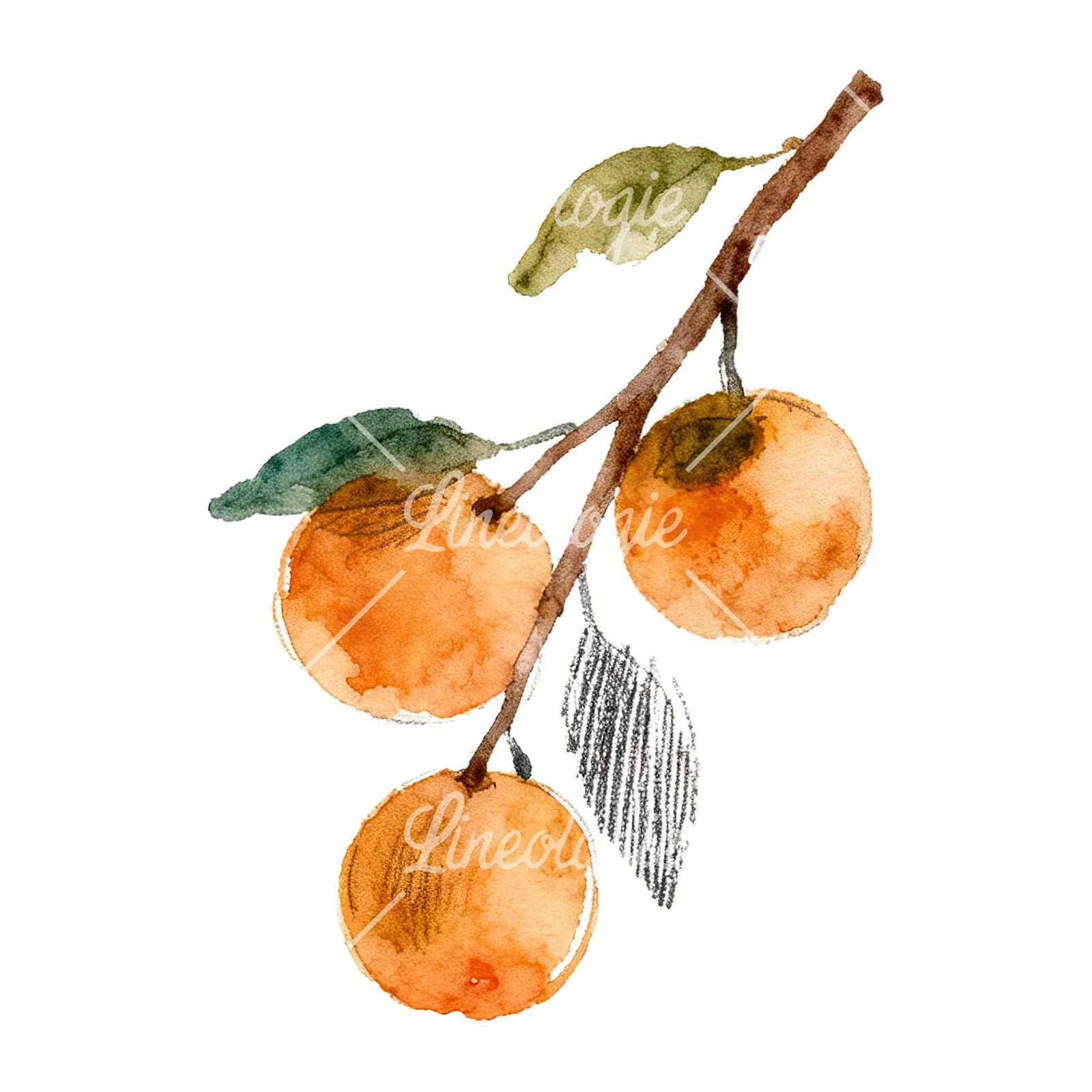 Watercolor orange branch with ripe fruit clipart 7 of 9 on a white background (JPG)