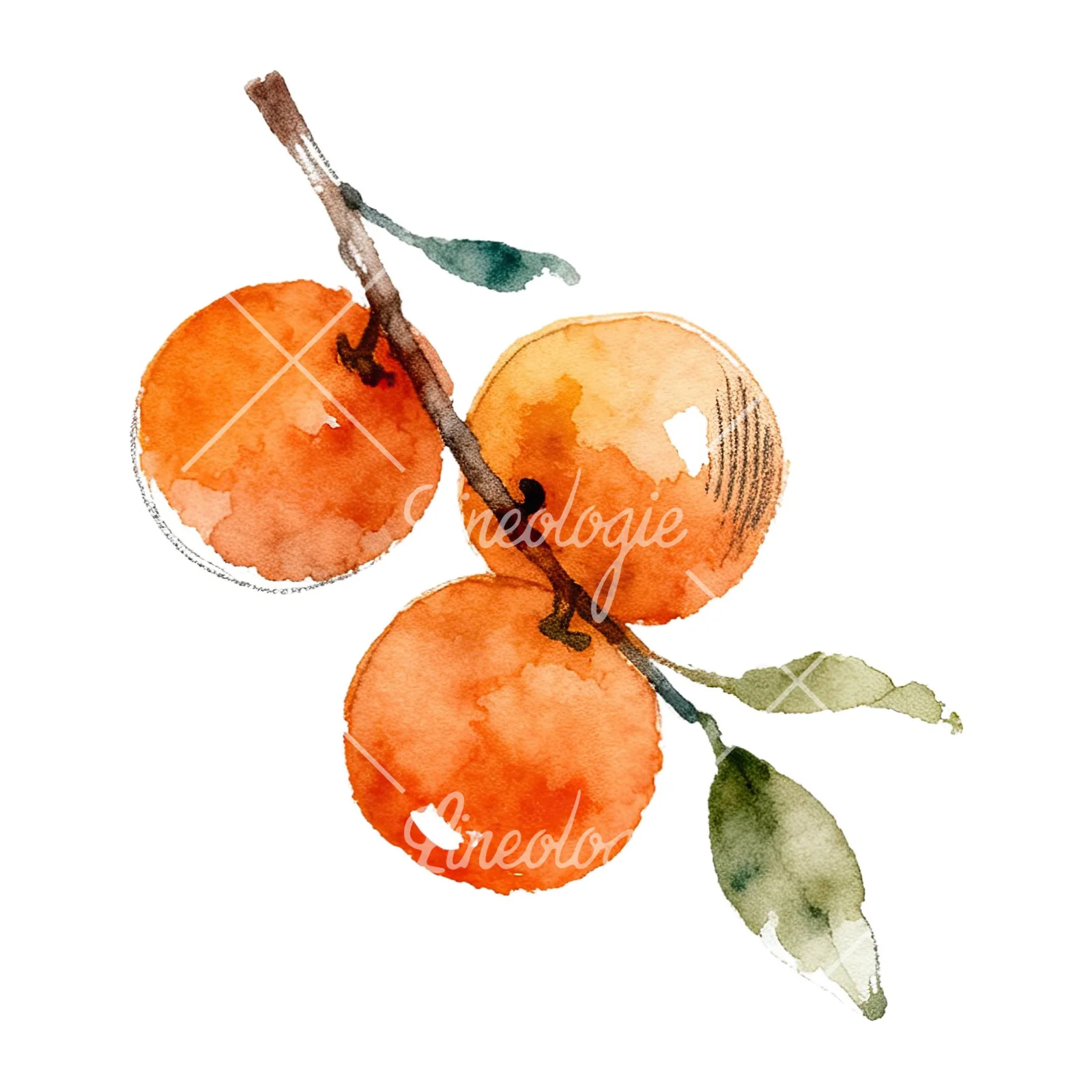 Watercolor orange branch with ripe fruit clipart 8 of 9 on a white background (JPG)