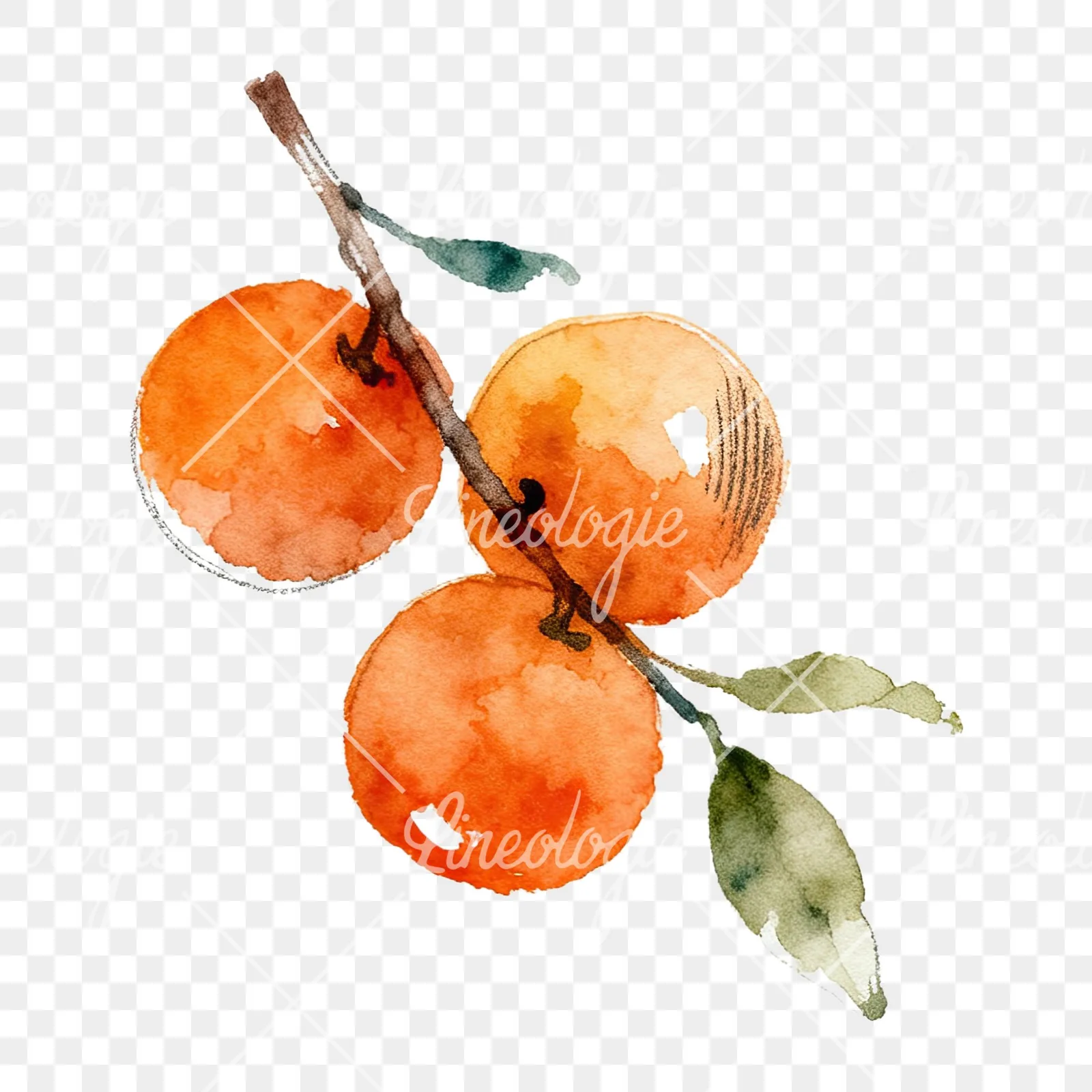 Watercolor orange branch with ripe fruit clipart 8 of 9 on a transparent background (PNG)
