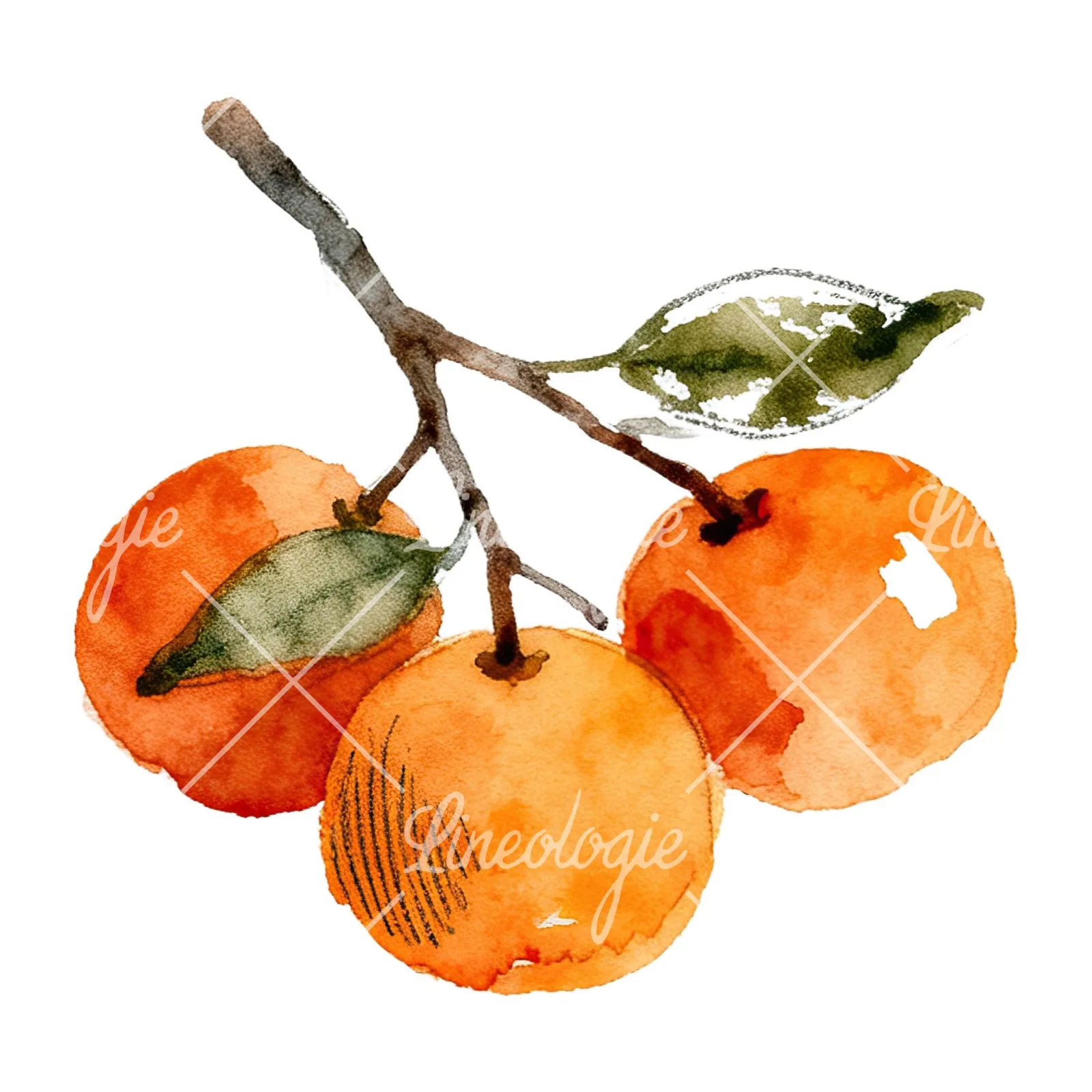 Watercolor orange branch with ripe fruit clipart 9 of 9 on a white background (JPG)