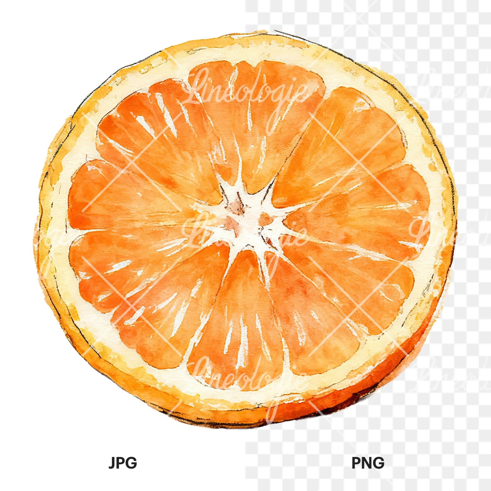 Watercolor whole and halved orange clipart 8 of 9, as a JPG on white and a transparent PNG