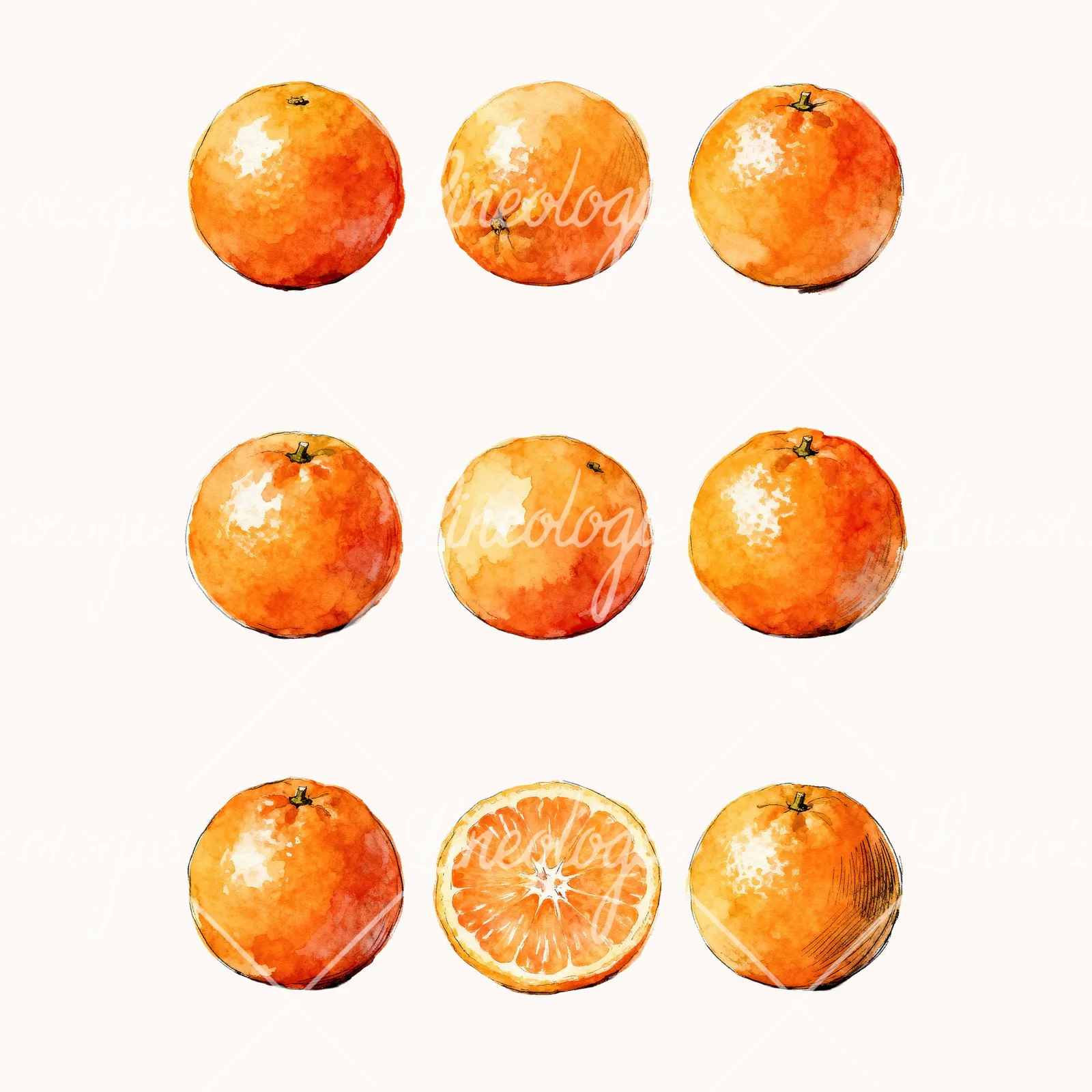 Watercolor Whole and Halved Orange Clipart, all 9 illustrations in the pack