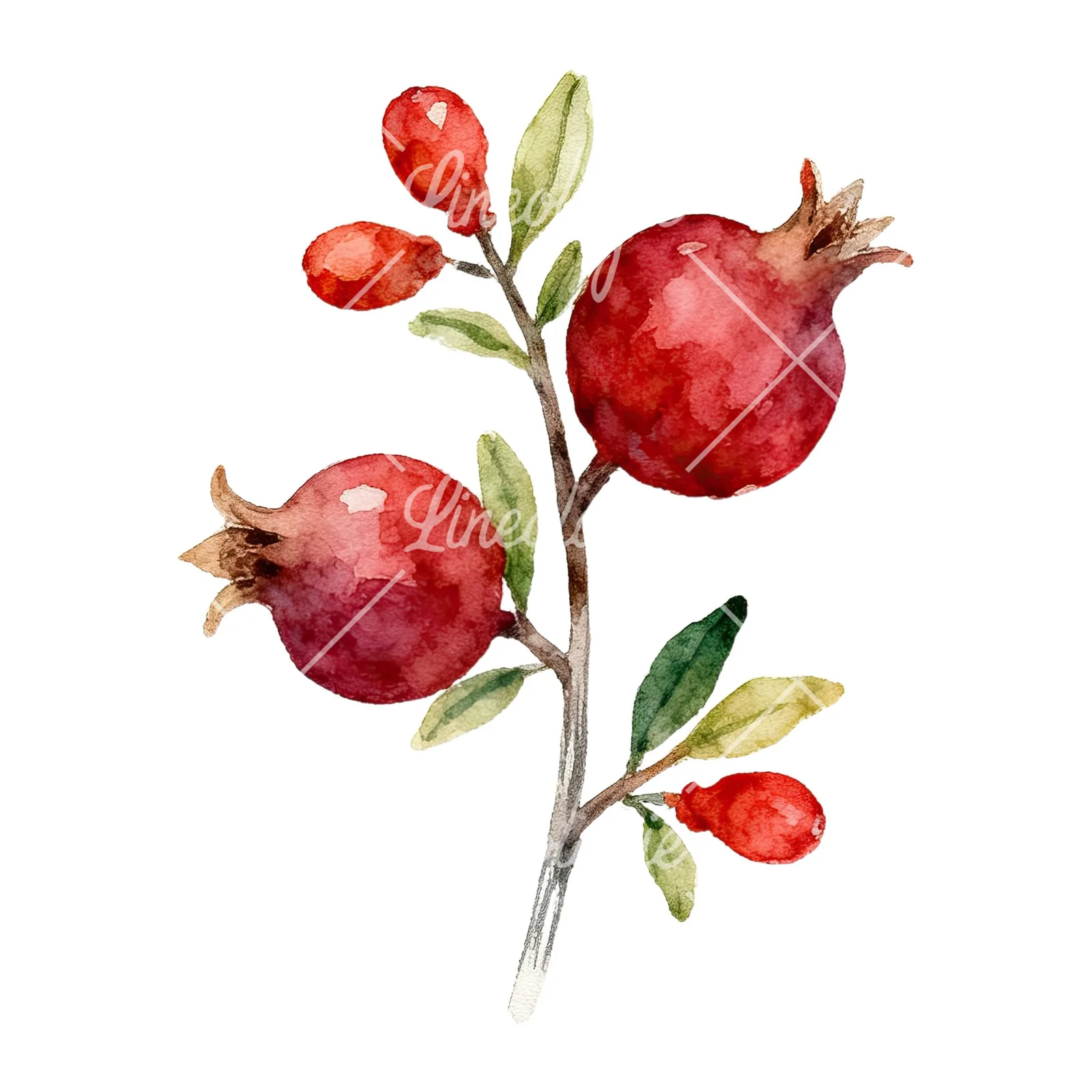 Watercolor pomegranate branch clipart 1 of 9 on a white background (JPG)