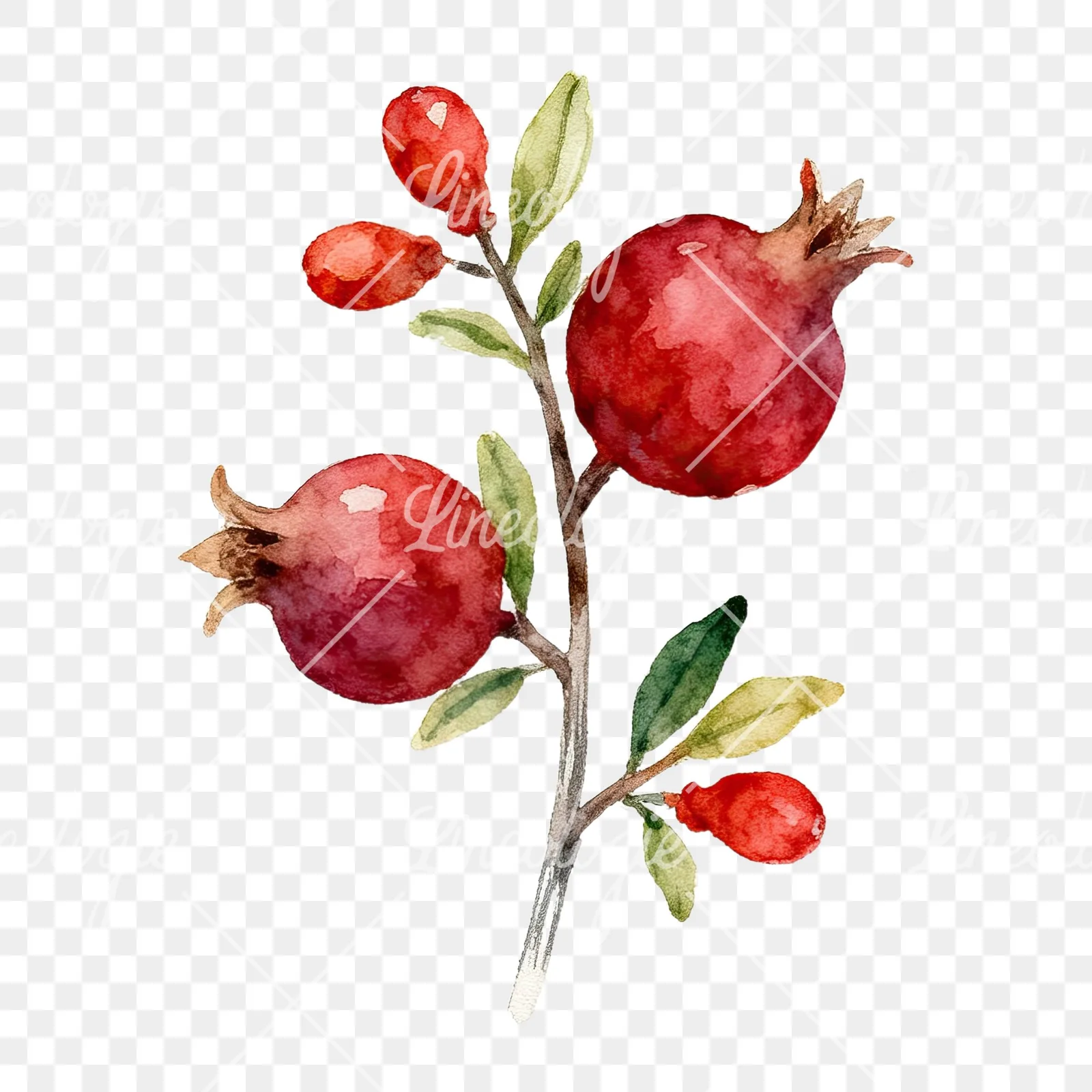 Watercolor pomegranate branch clipart 1 of 9 on a transparent background (PNG)