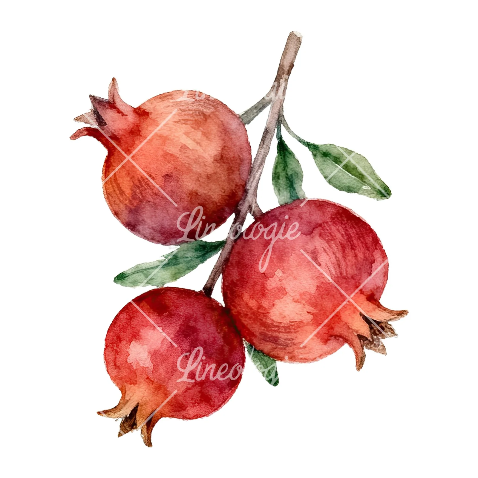 Watercolor pomegranate branch clipart 2 of 9 on a white background (JPG)
