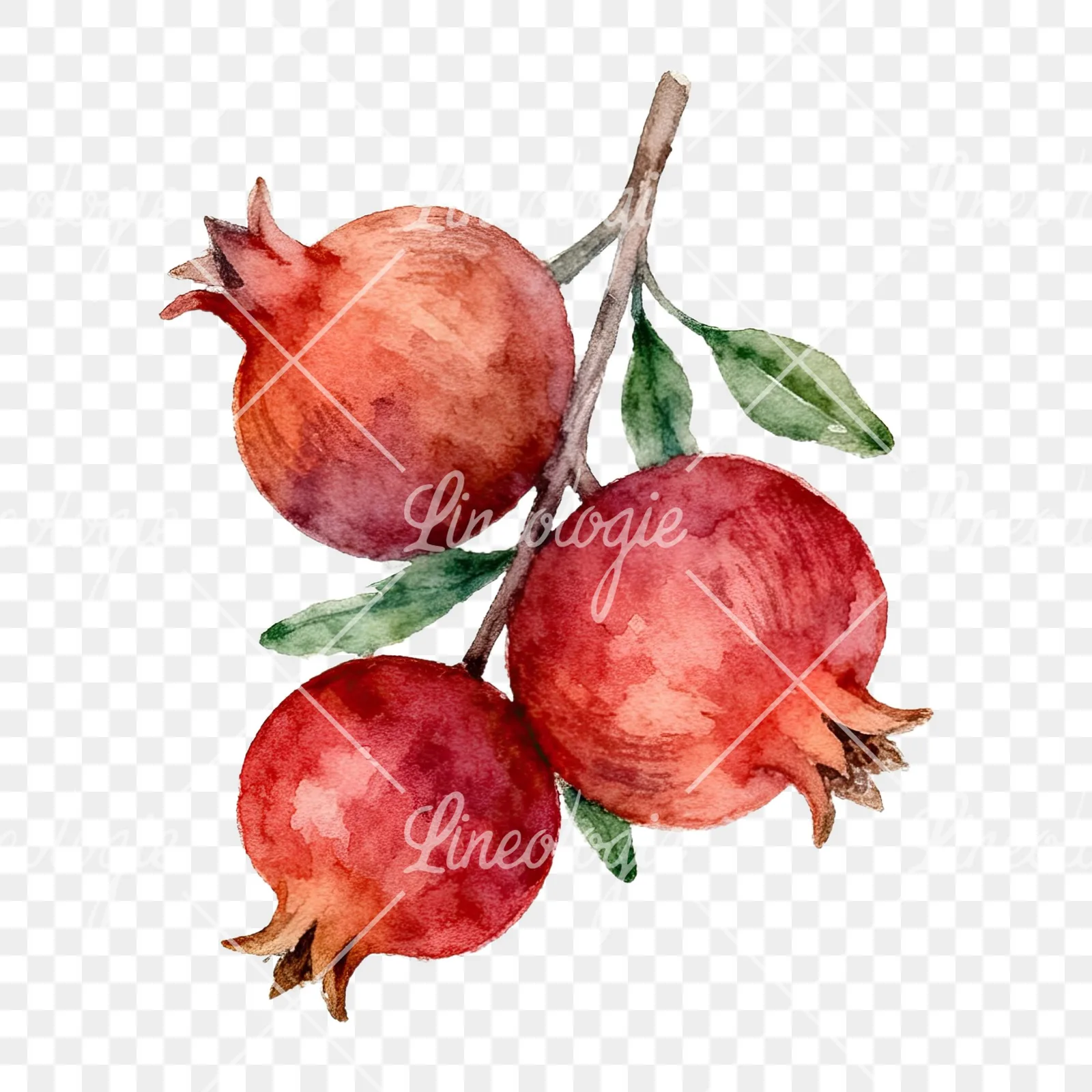 Watercolor pomegranate branch clipart 2 of 9 on a transparent background (PNG)