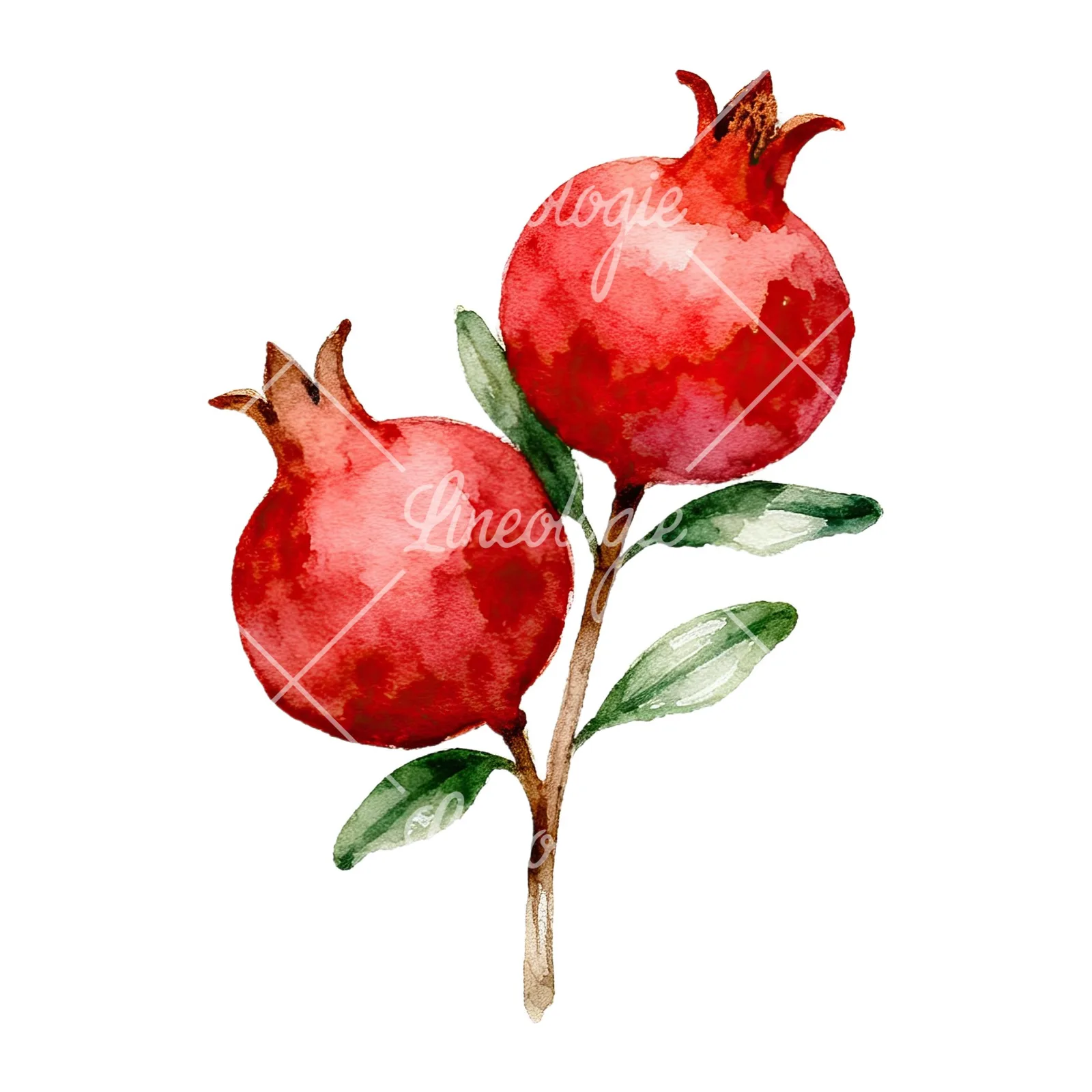 Watercolor pomegranate branch clipart 3 of 9 on a white background (JPG)