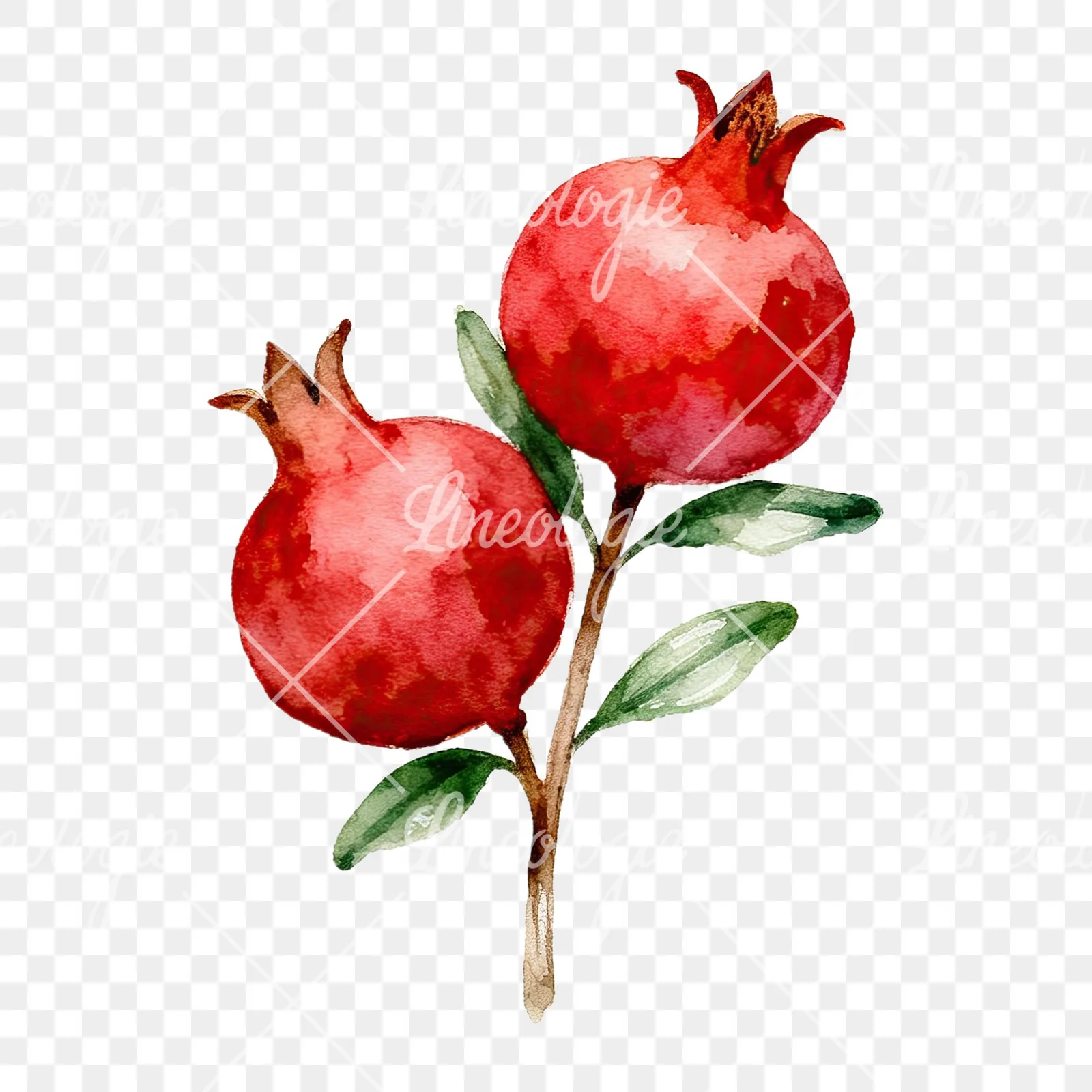 Watercolor pomegranate branch clipart 3 of 9 on a transparent background (PNG)