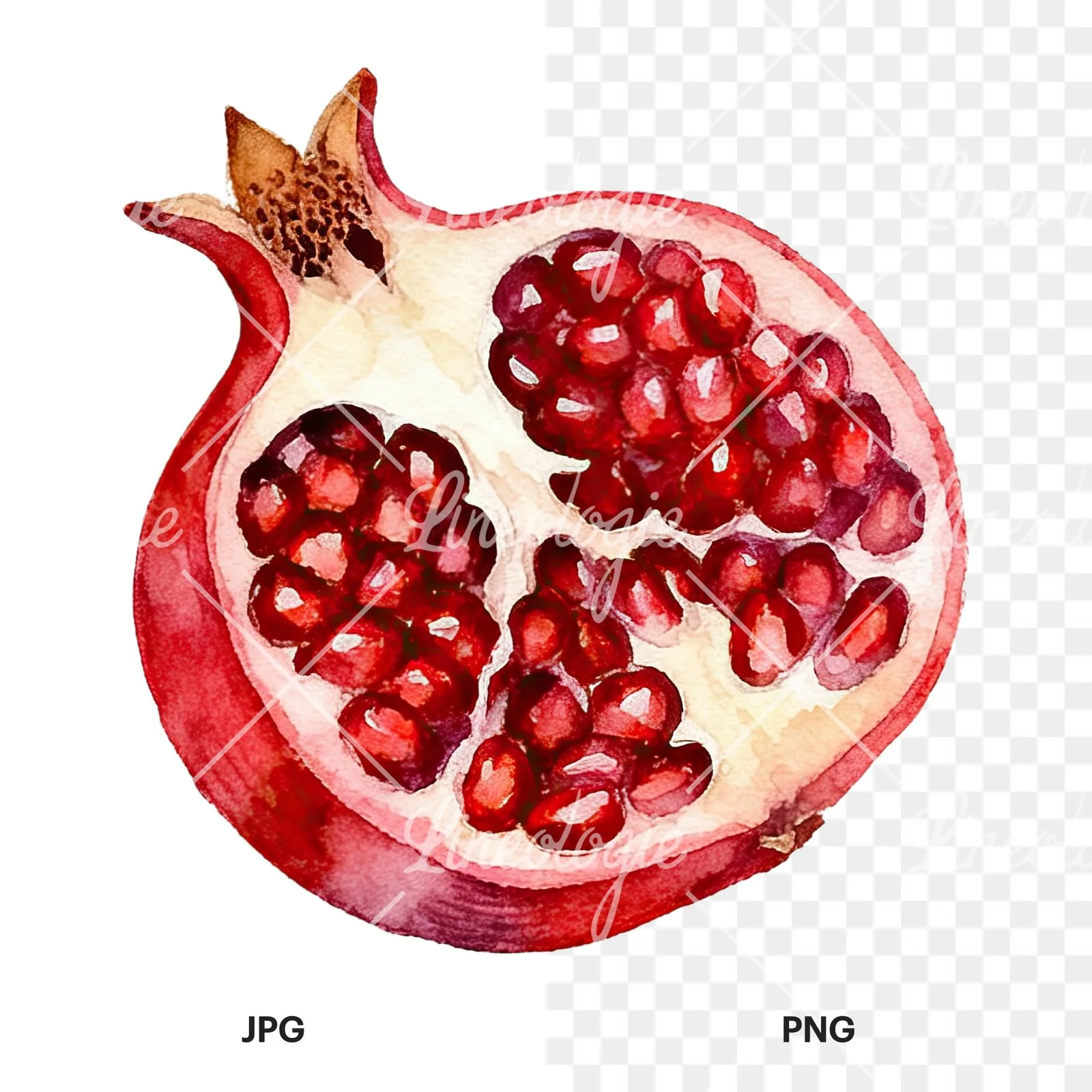 Watercolor pomegranate branch clipart 8 of 9, as a JPG on white and a transparent PNG