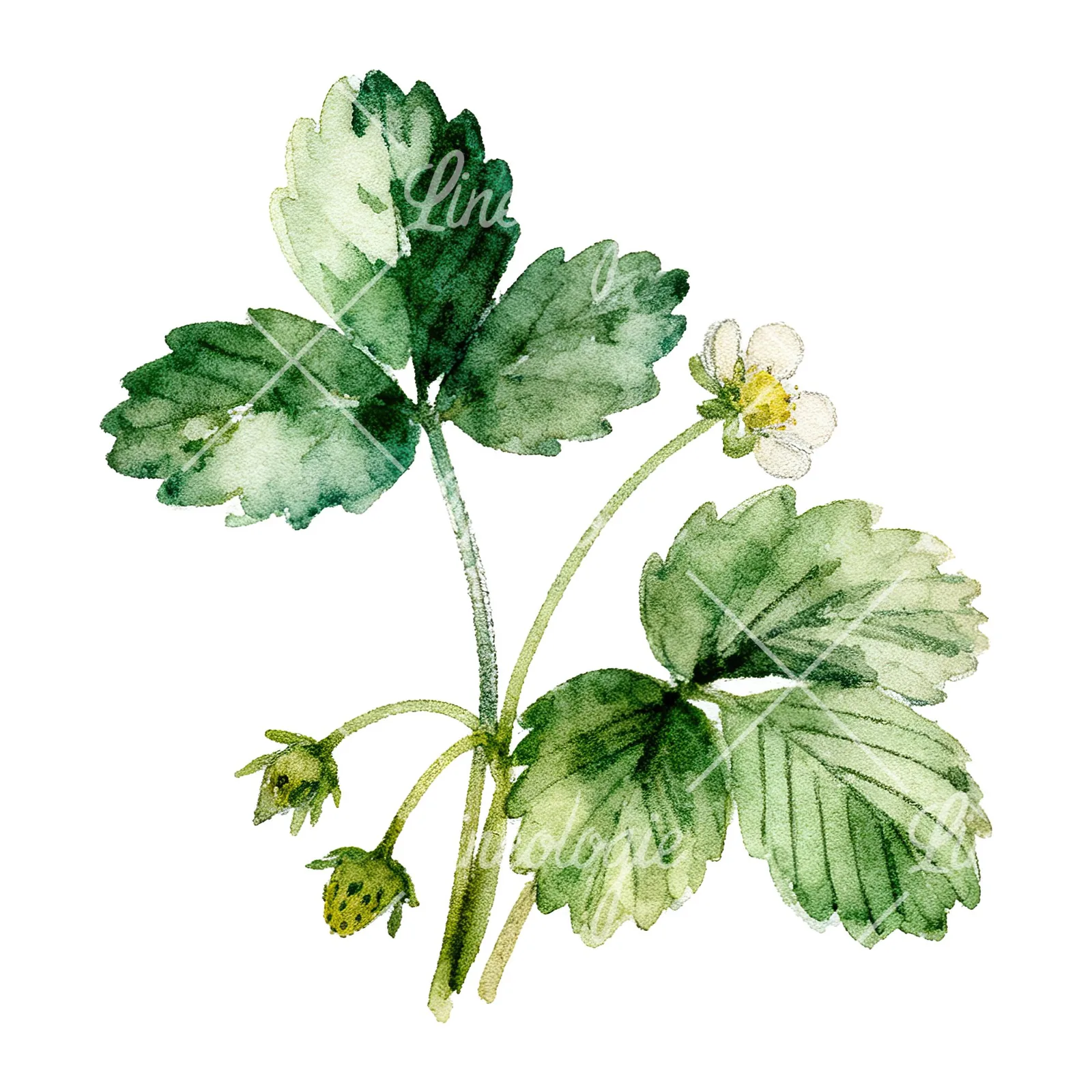 Watercolor strawberry plant clipart 2 of 9 on a white background (JPG)