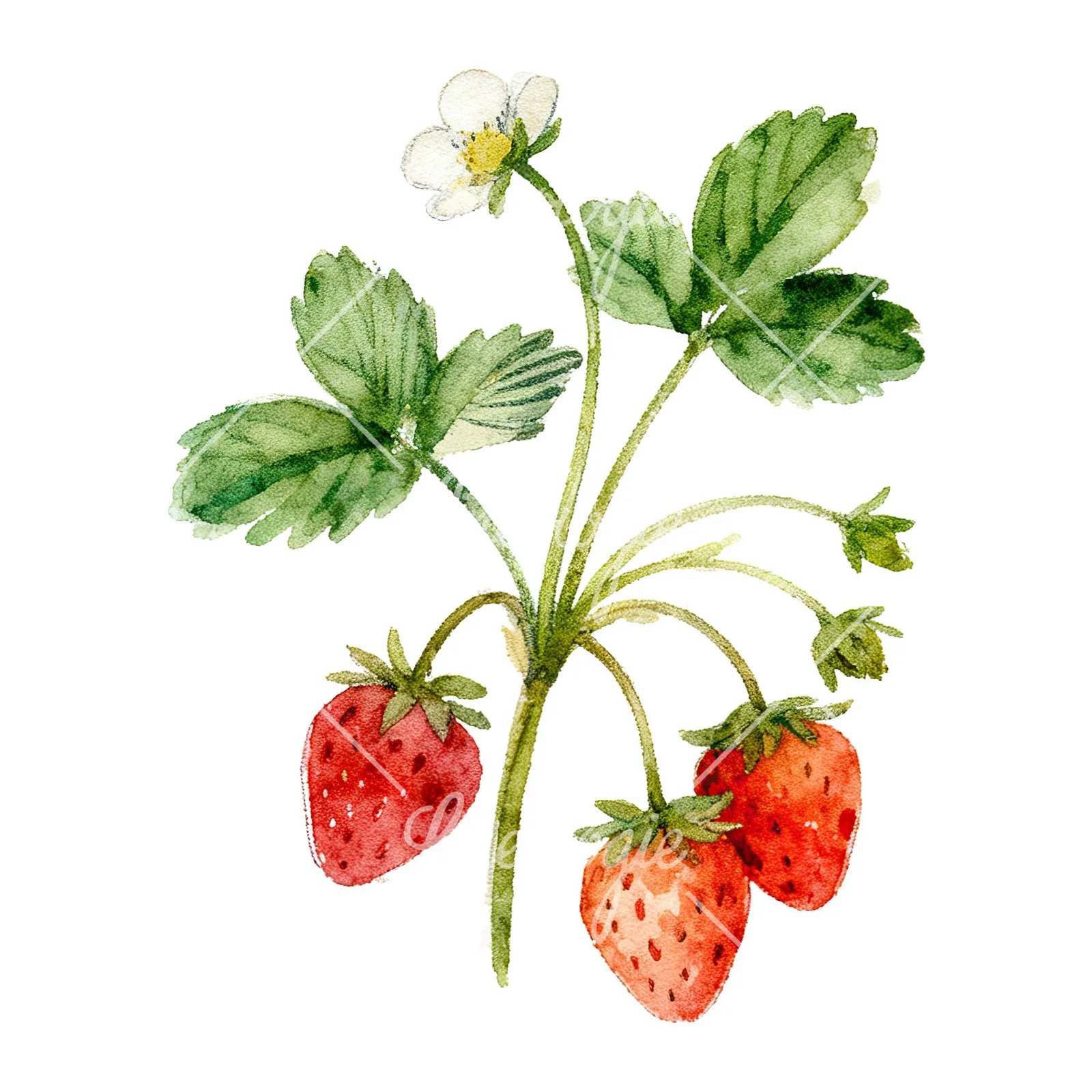 Watercolor strawberry plant clipart 3 of 9 on a white background (JPG)
