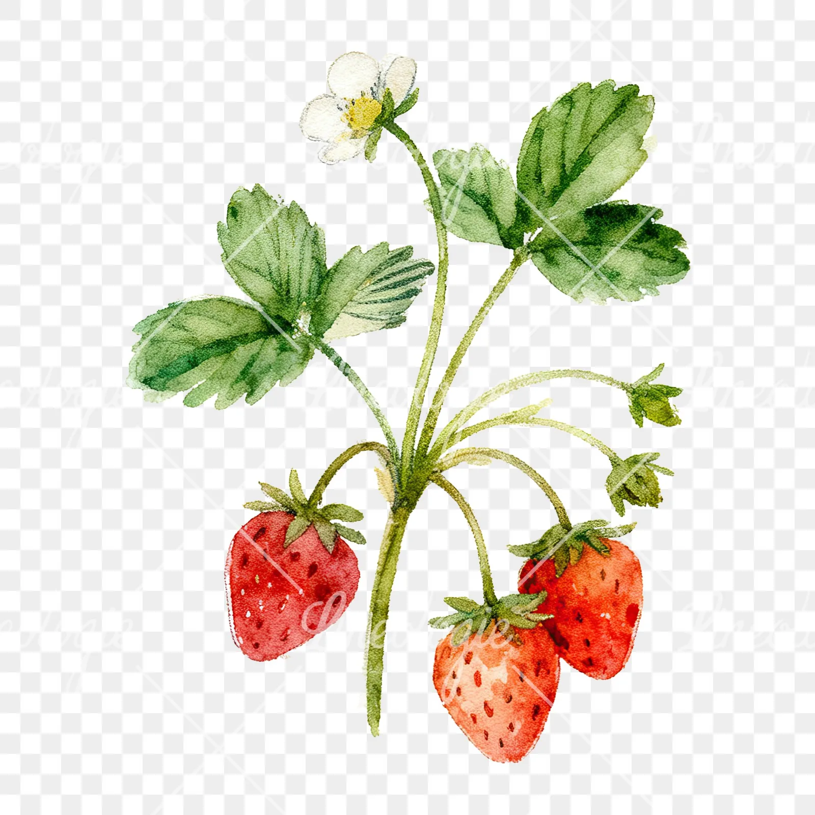 Watercolor strawberry plant clipart 3 of 9 on a transparent background (PNG)