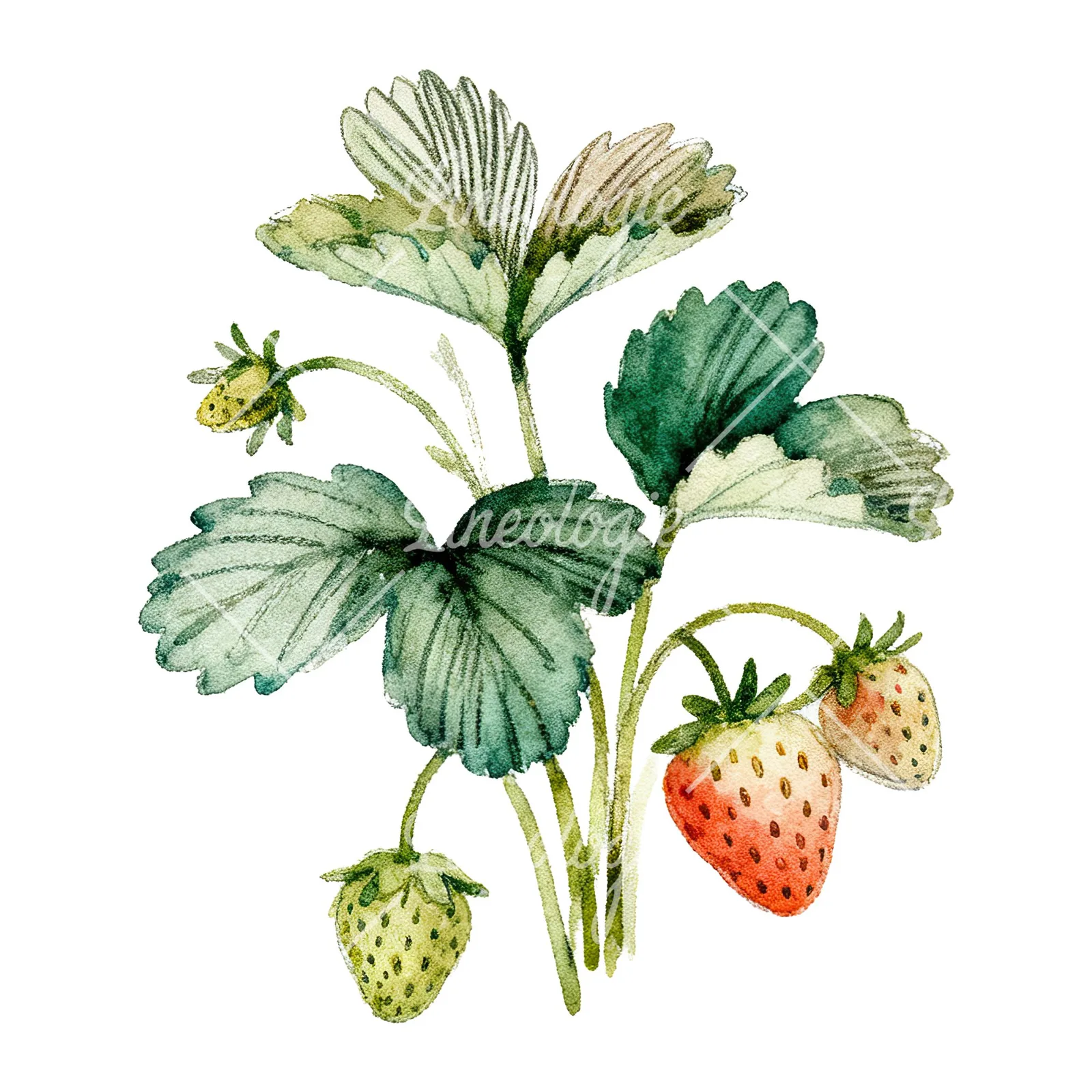 Watercolor strawberry plant clipart 4 of 9 on a white background (JPG)