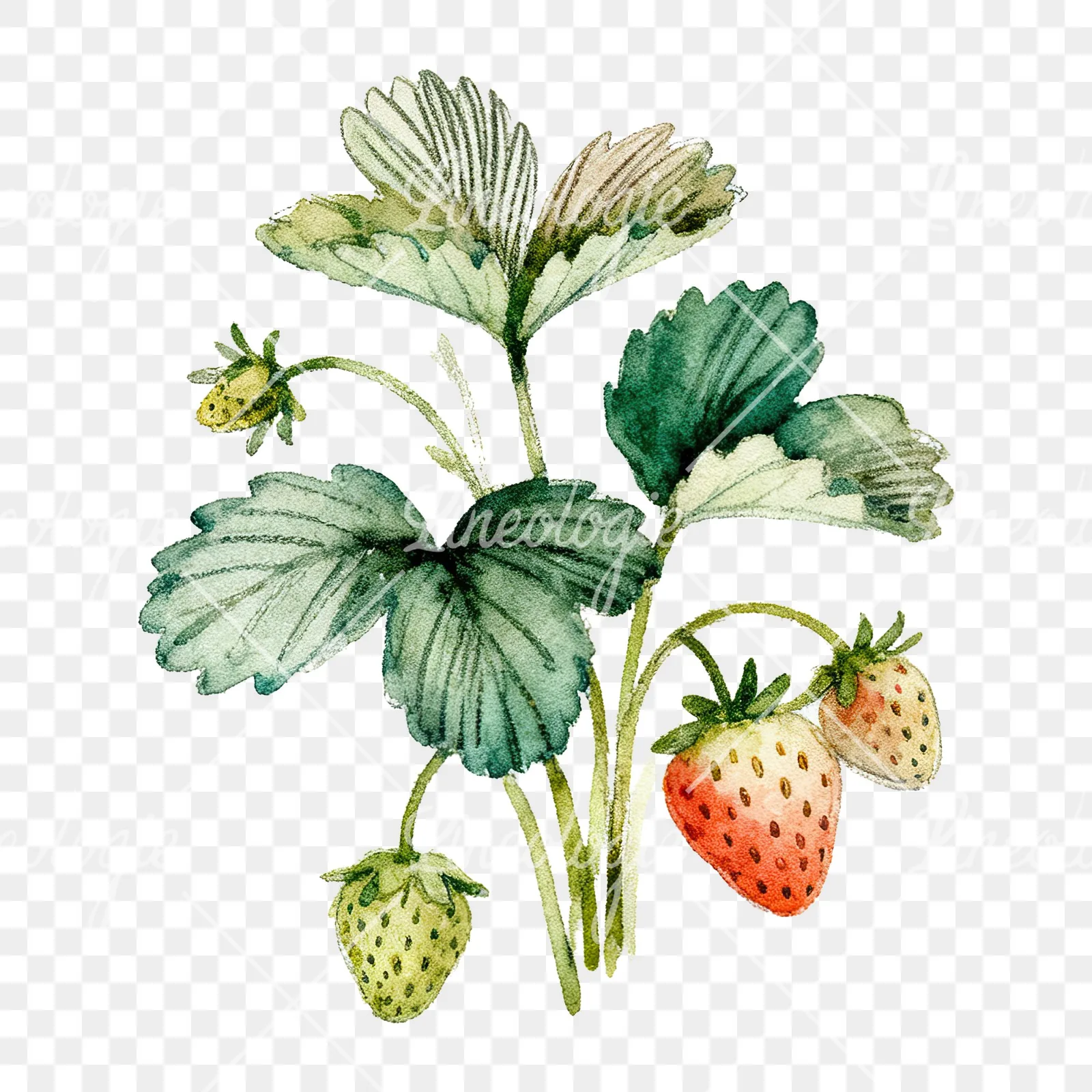 Watercolor strawberry plant clipart 4 of 9 on a transparent background (PNG)