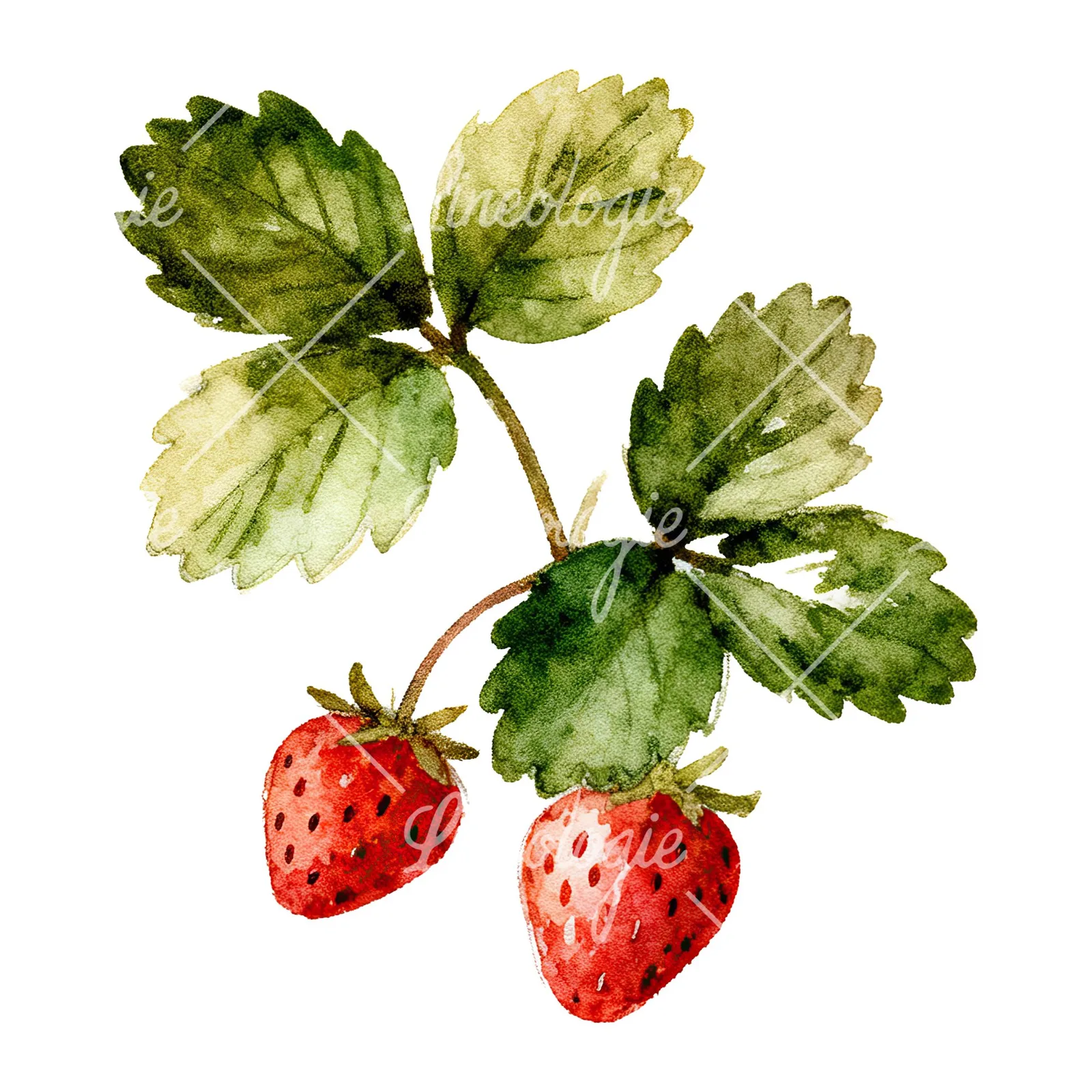 Watercolor strawberry plant clipart 5 of 9 on a white background (JPG)