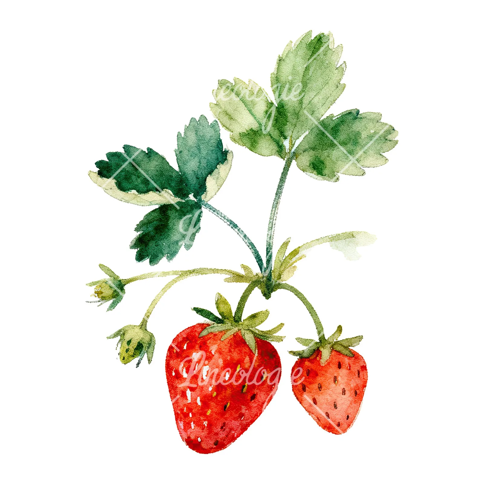 Watercolor strawberry plant clipart 6 of 9 on a white background (JPG)