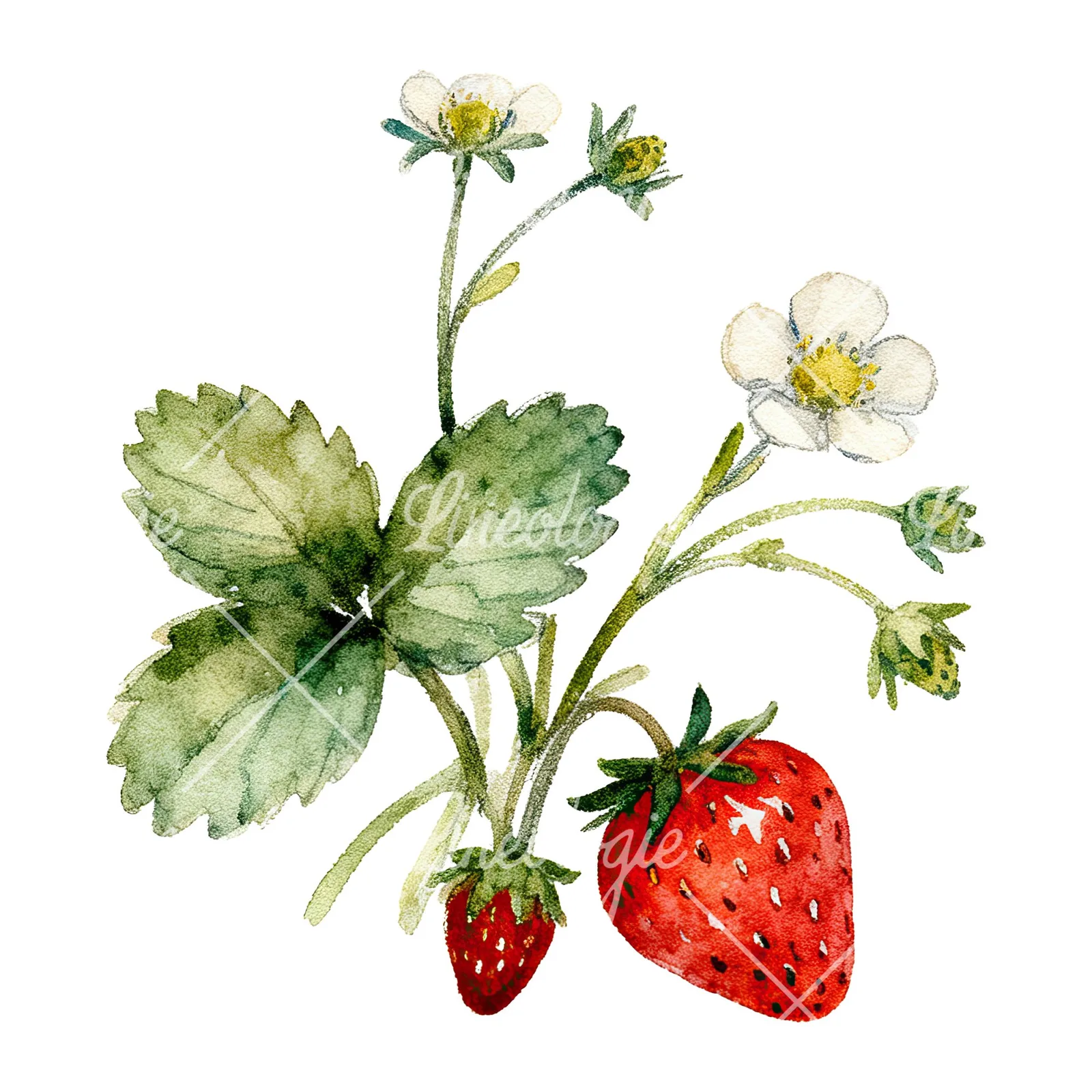 Watercolor strawberry plant clipart 7 of 9 on a white background (JPG)