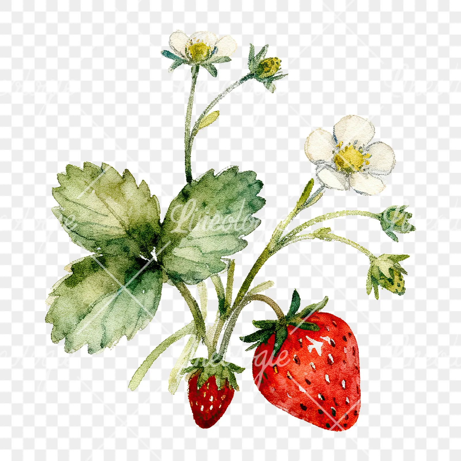 Watercolor strawberry plant clipart 7 of 9 on a transparent background (PNG)