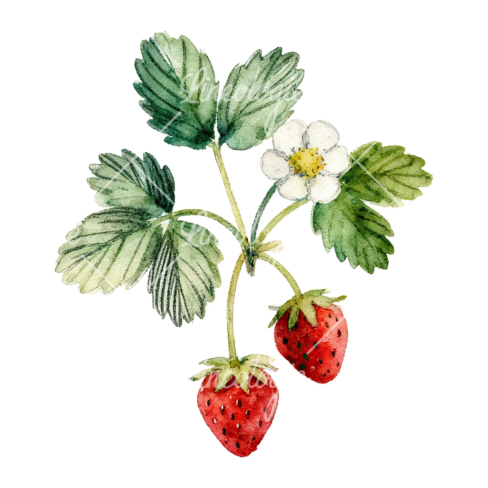Watercolor strawberry plant clipart 8 of 9 on a white background (JPG)